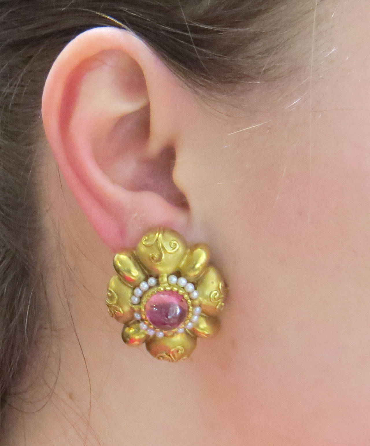 18k gold large Seidengang earrings, featuring 10.2mm pink tourmalines, surrounded with pearls. Earrings are 34mm x 27mm. Marked SG and 18k. Weight - 39.6 grams