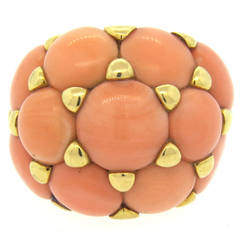 Impressive 1960s French Angel Skin Coral Gold Cluster Dome Ring