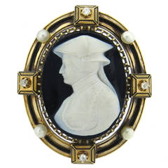 Fine Antique Gold Natural Pearl Hardstone Cameo Diamond Brooch 5