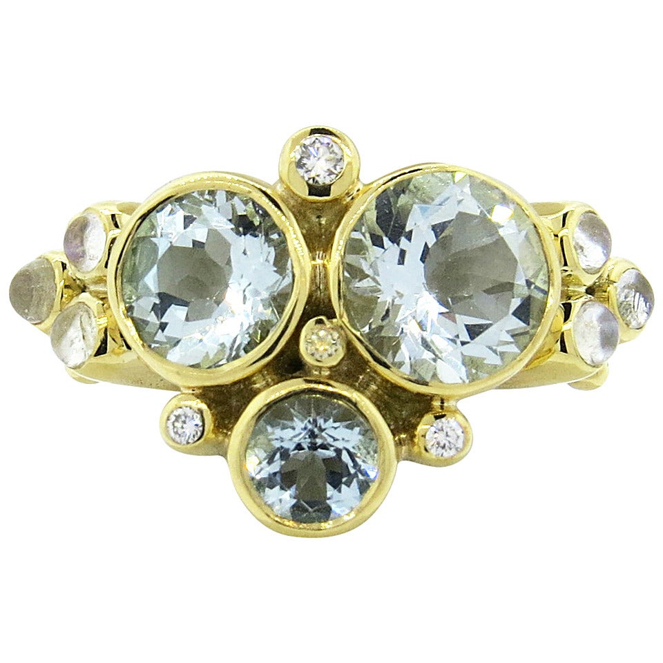 Temple St. Clair Trio Aquamarine Moonstone Diamond Gold Ring