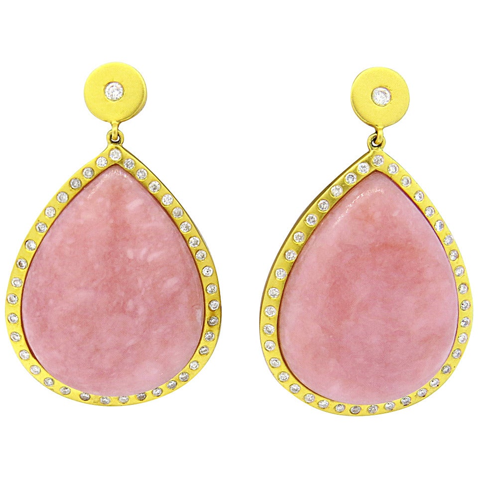 Rhodochrosite Diamond Gold Teardrop Earrings