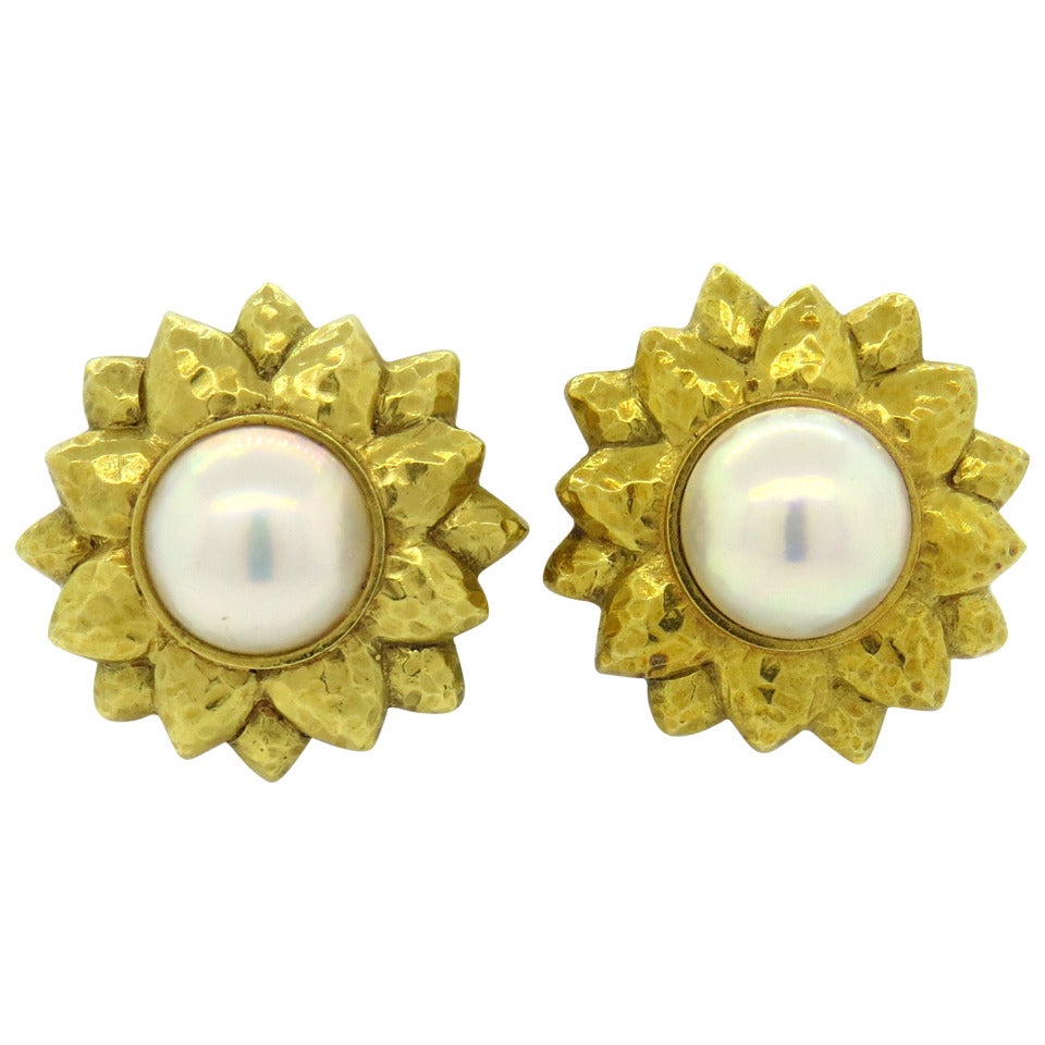 Large Classic Hammered Pearl Gold Sunflower Earrings