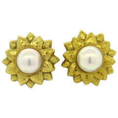 Large Classic Hammered Pearl Gold Sunflower Earrings