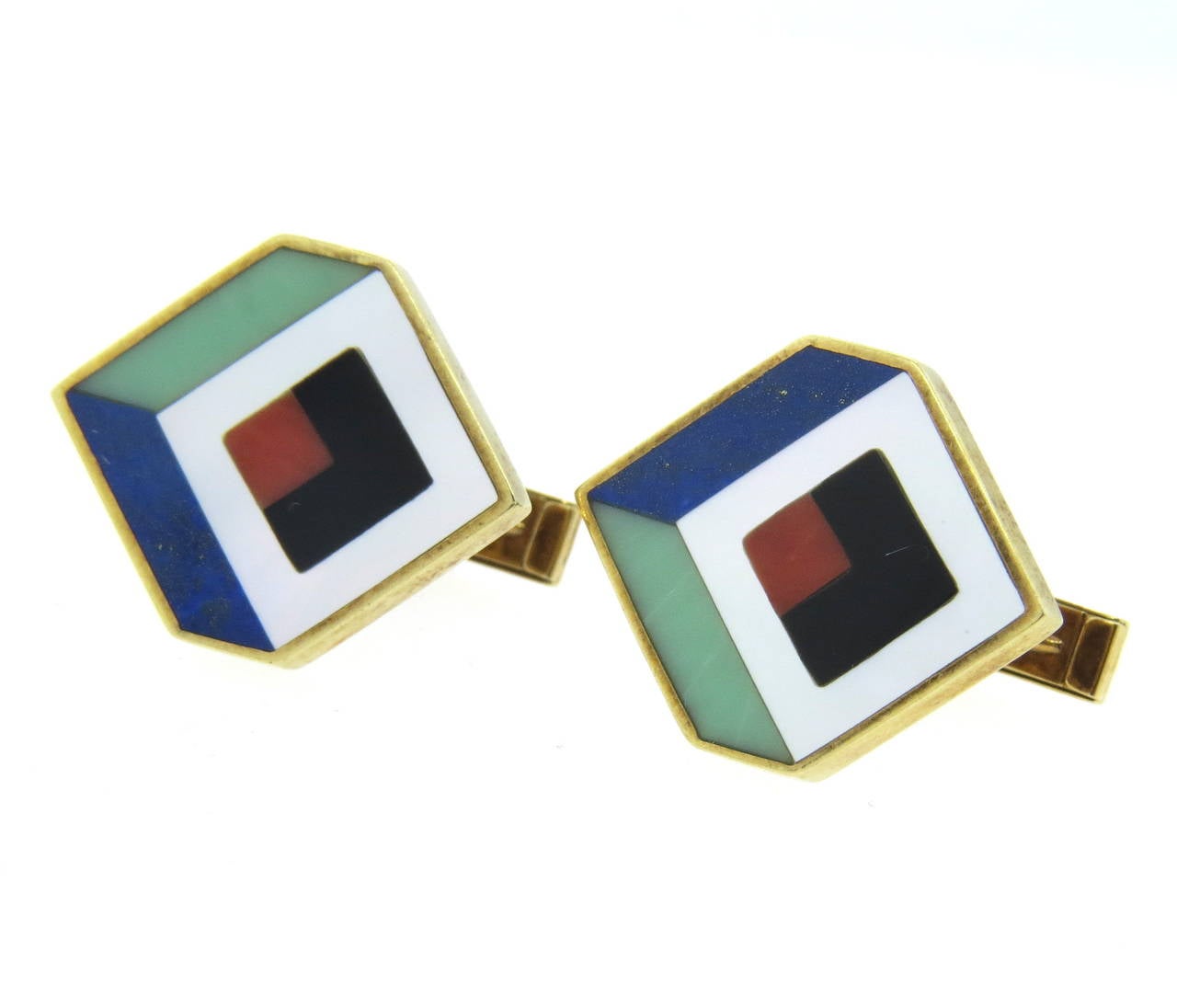 Unique 14k gold three dimensional cufflinks, featuring inlay gemstone top. Gemstones include coral, mother of pearl,onyx, lapis and jade. Top measures 20mm x 20mm. Weight - 15.4 grams