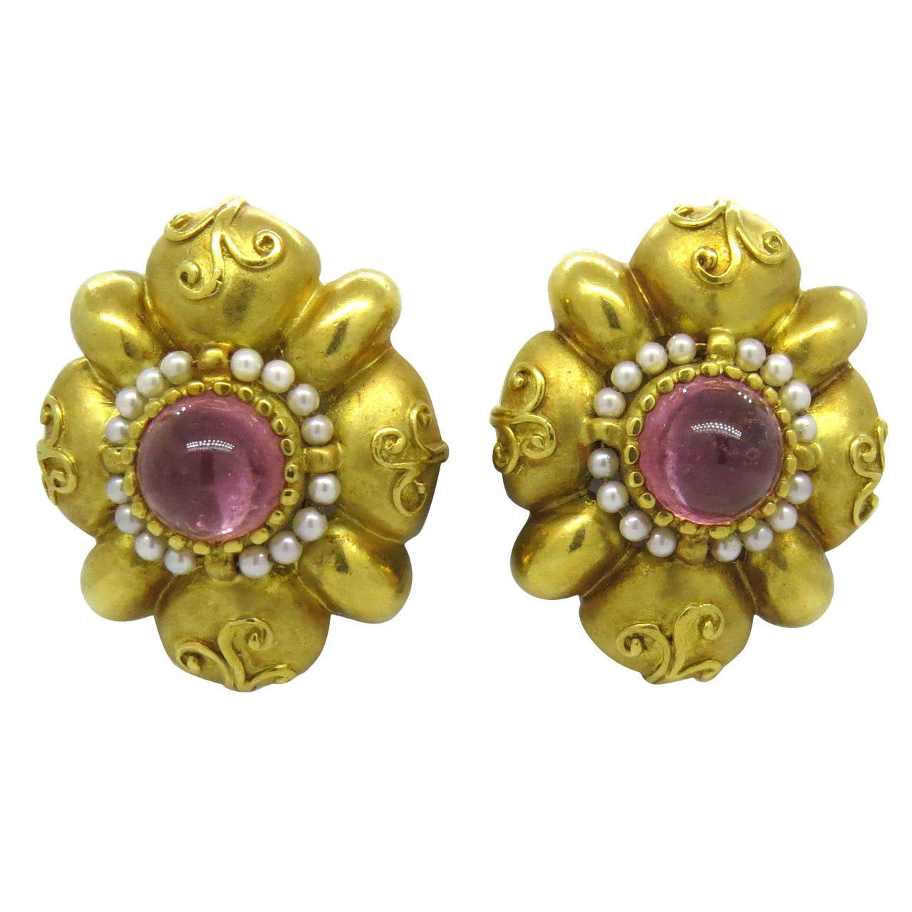 Large Seidengang Pink Tourmaline Pearl Gold Earrings