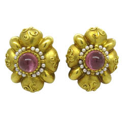 Large Seidengang Pink Tourmaline Pearl Gold Earrings