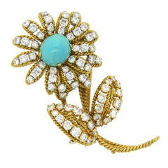 Vintage Vourakis Athens Diamond Turquoise Gold Flower Brooch