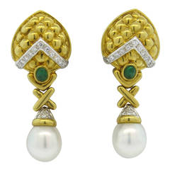 1980s Fine Diamond Emerald Pearl Drop Gold Earrings