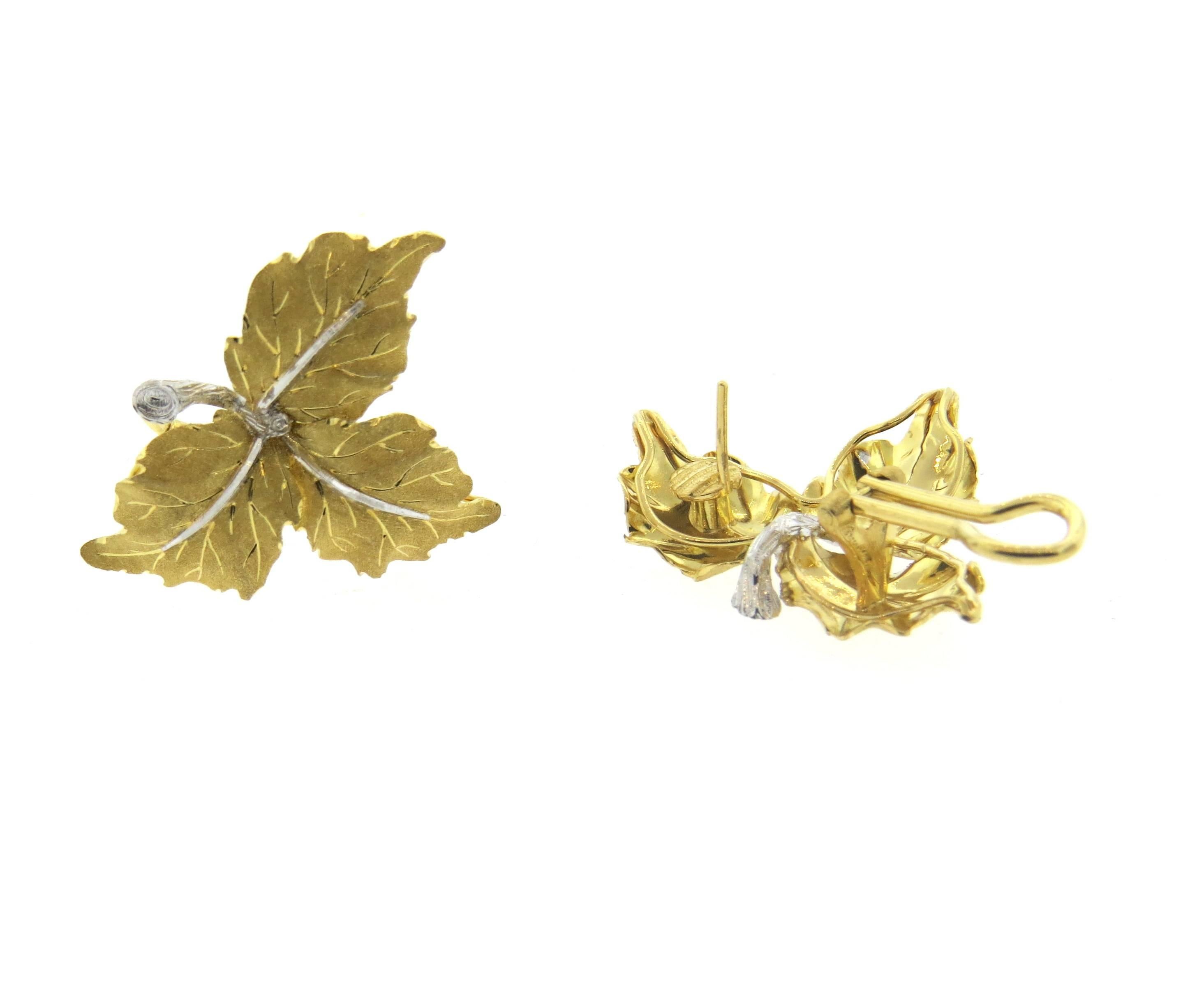 A pair of large Buccellati 18k yellow gold earrings, featuring three leaves design,  Earrings are 36mm x 30mm .  Marked: Buccellati Italy 18k F3599 750. Weight - 12.8 grams
