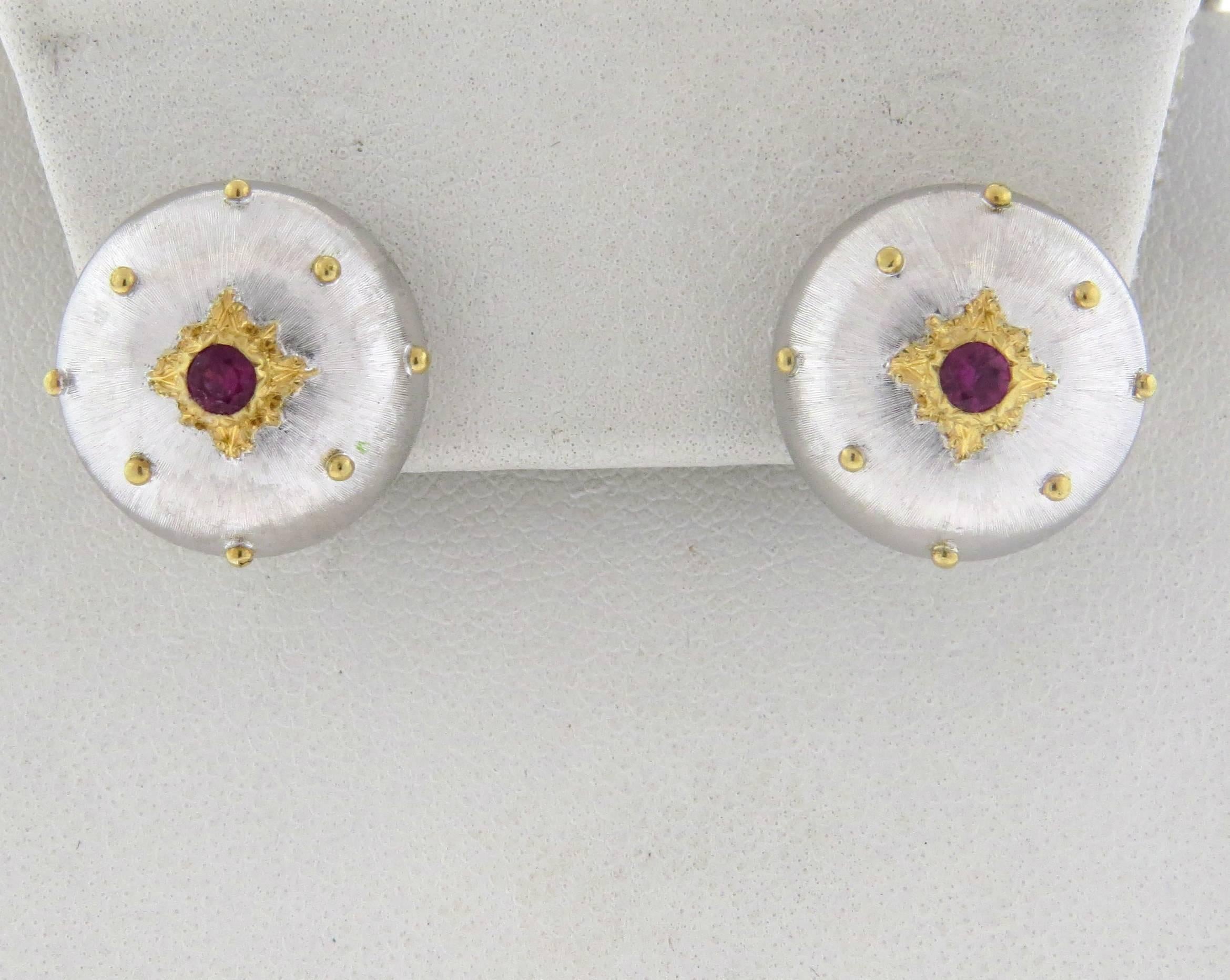 Round Cut Buccellati Ruby Two Color Gold Button Earrings 