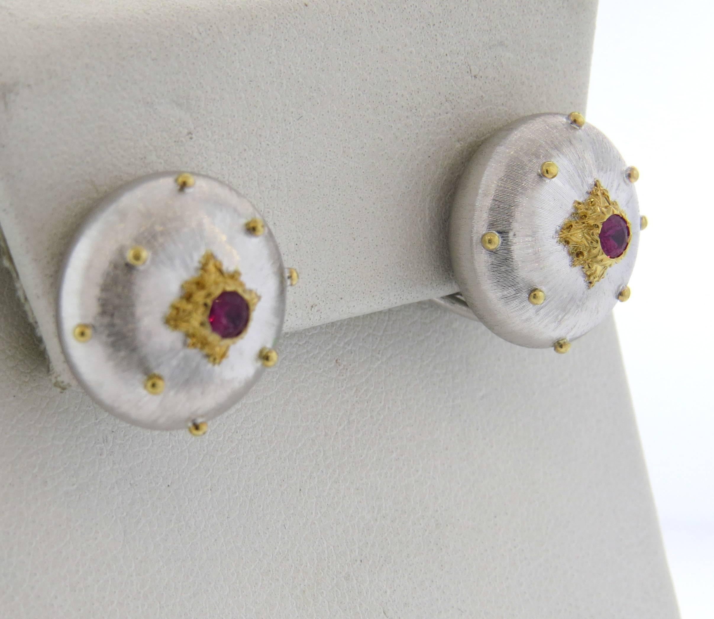 Buccellati Ruby Two Color Gold Button Earrings  In New Condition In Lambertville, NJ