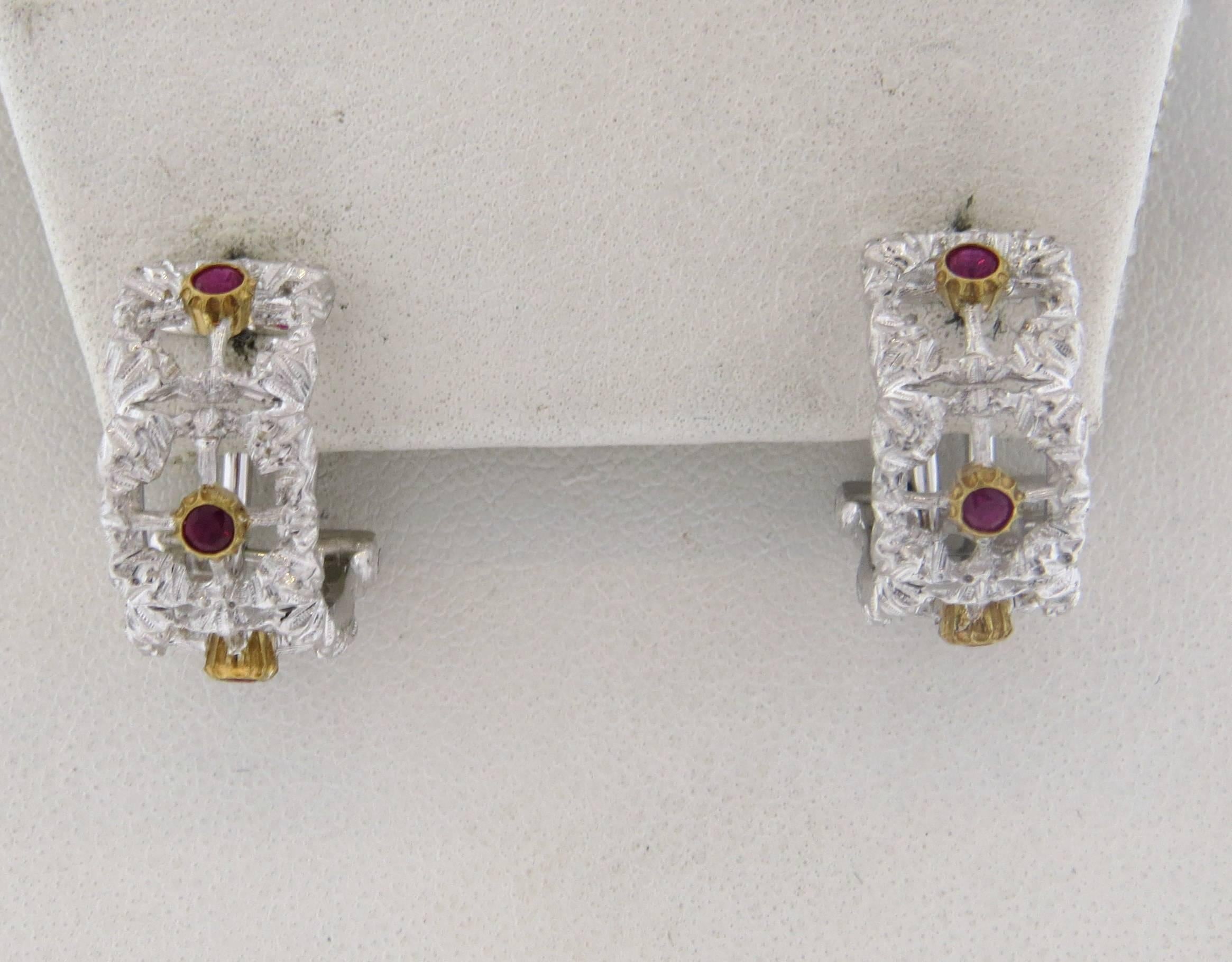 Women's Buccellati Ruby Two Color Gold Hoop Earrings 