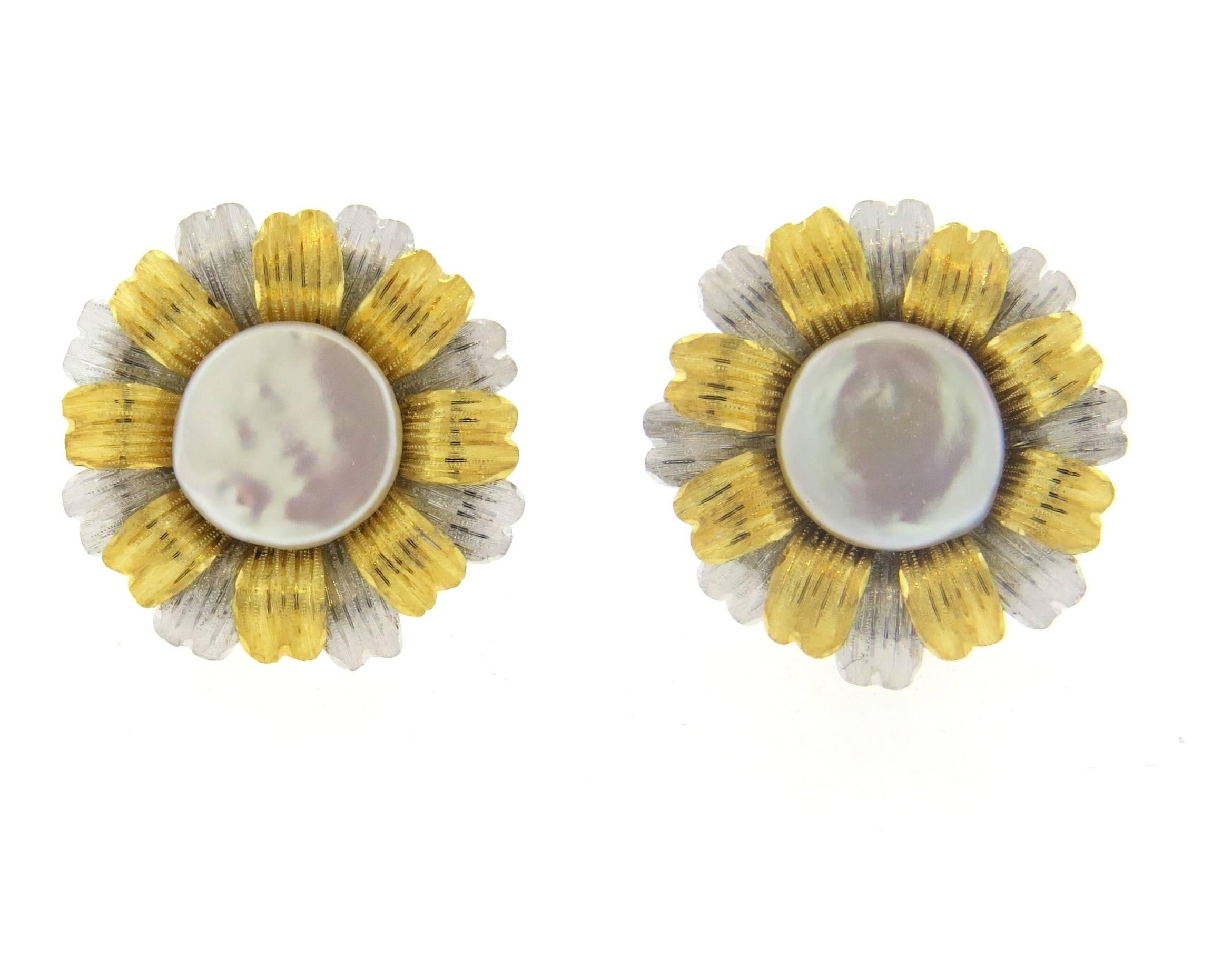 Women's Large Buccellati Pearl Gold Sunflower Earrings