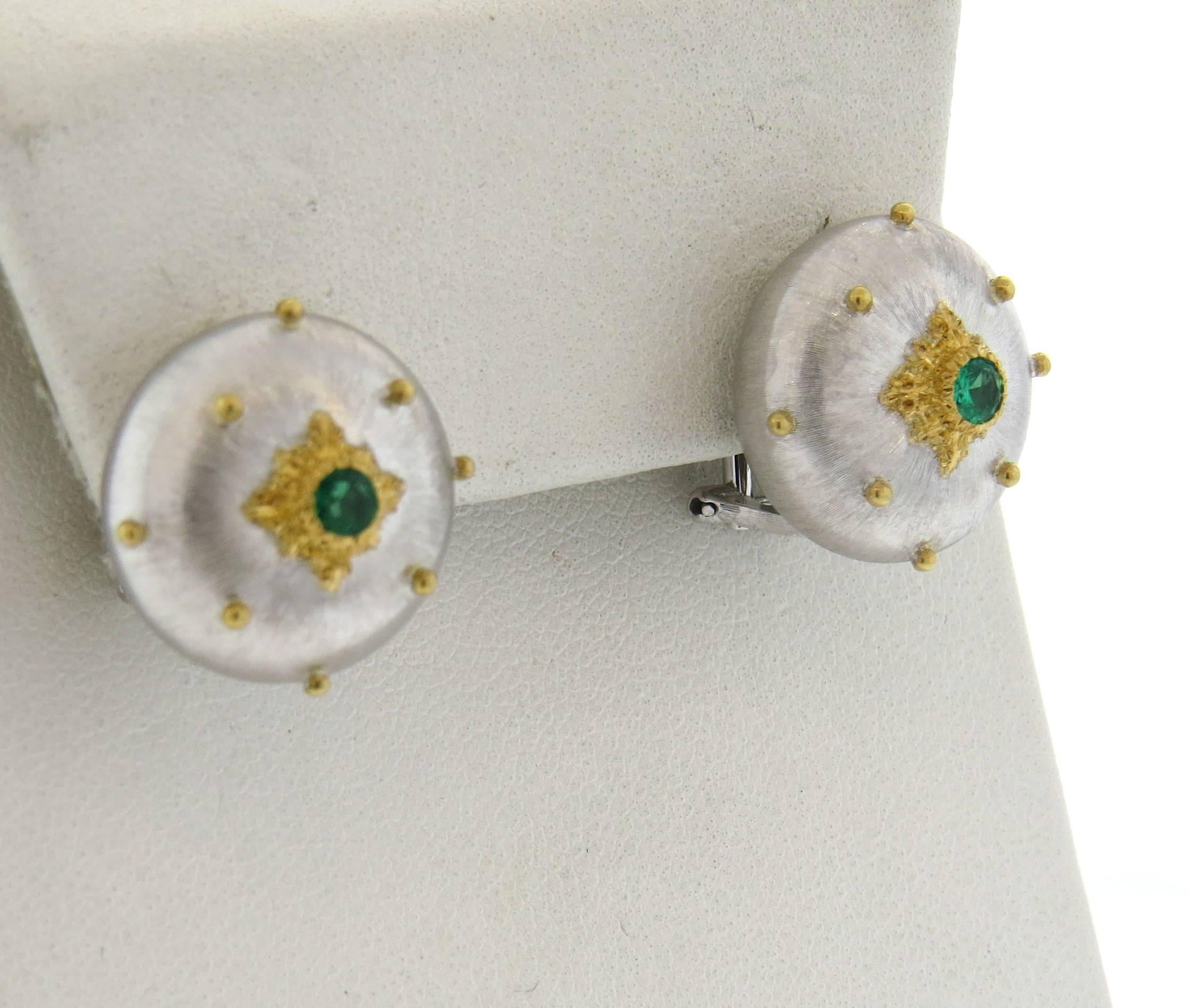 Round Cut Buccellati Emerald Gold Button Earrings