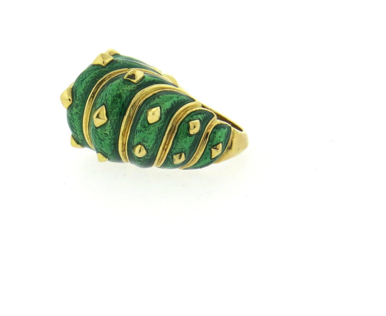 David Webb Large Green Enamel Gold Studded Dome Ring In Excellent Condition In Lambertville, NJ
