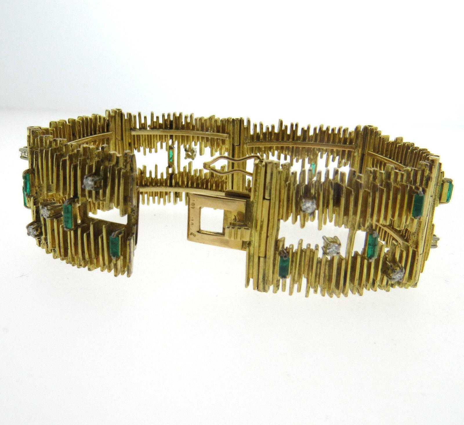 1970s Emerald Diamond Gold Wide Bracelet In Excellent Condition In Lambertville, NJ