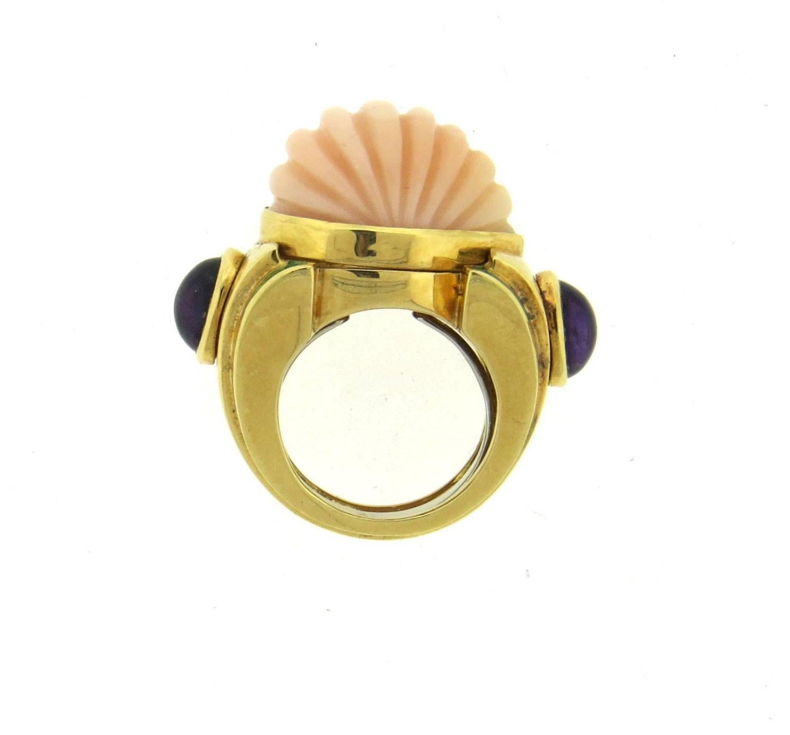 David Webb Exquisite Enamel Carved Coral Amethyst Gold Ring In Excellent Condition In Lambertville, NJ