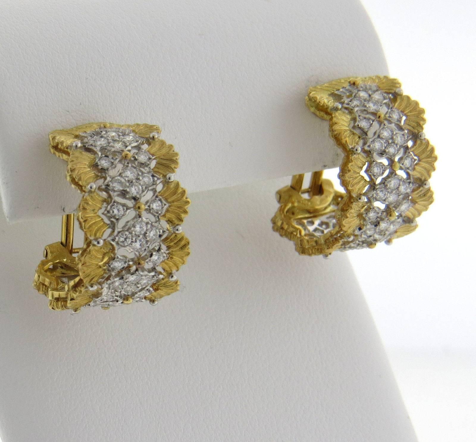 A pair of 18k yellow gold earrings set with approximately 0.65ctw of G/VS diamonds.  Crafted by Buccellati, the earrings measure 20mm x 13mm and weigh 11 grams.  Marked: Buccellati Italy 18K.