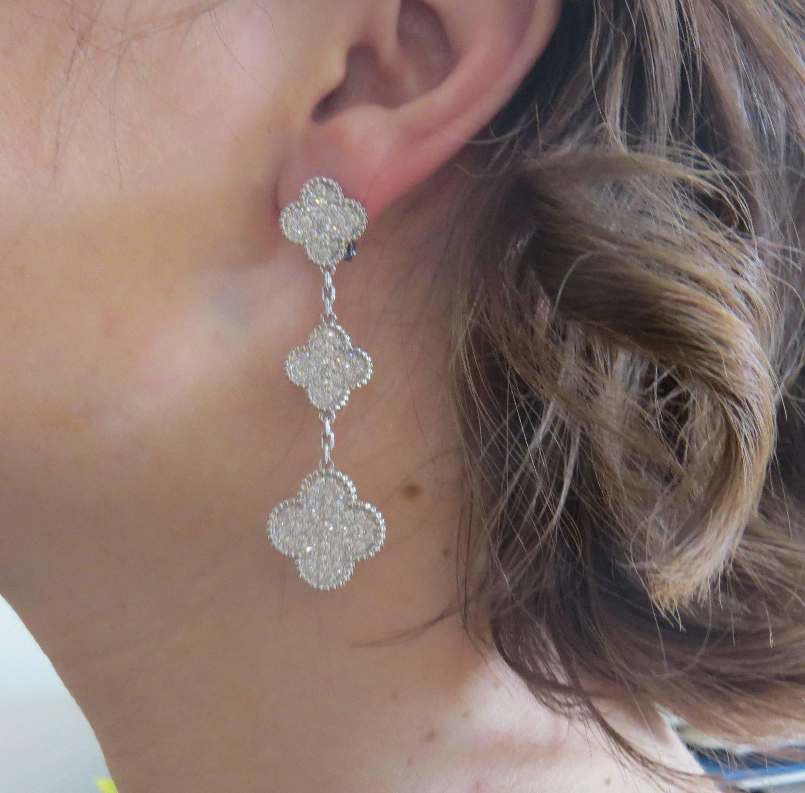 Van Cleef & Arpels Magic Alhambra Diamond Gold Three Motif Earrings In Excellent Condition In Lambertville, NJ