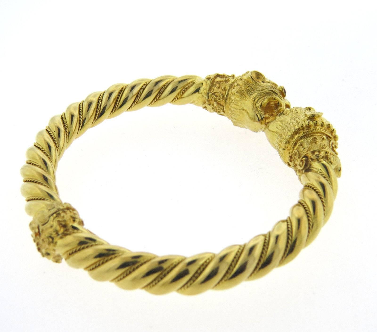 Greek Ruby Gold Chimera Cuff Bracelet In Excellent Condition In Lambertville, NJ