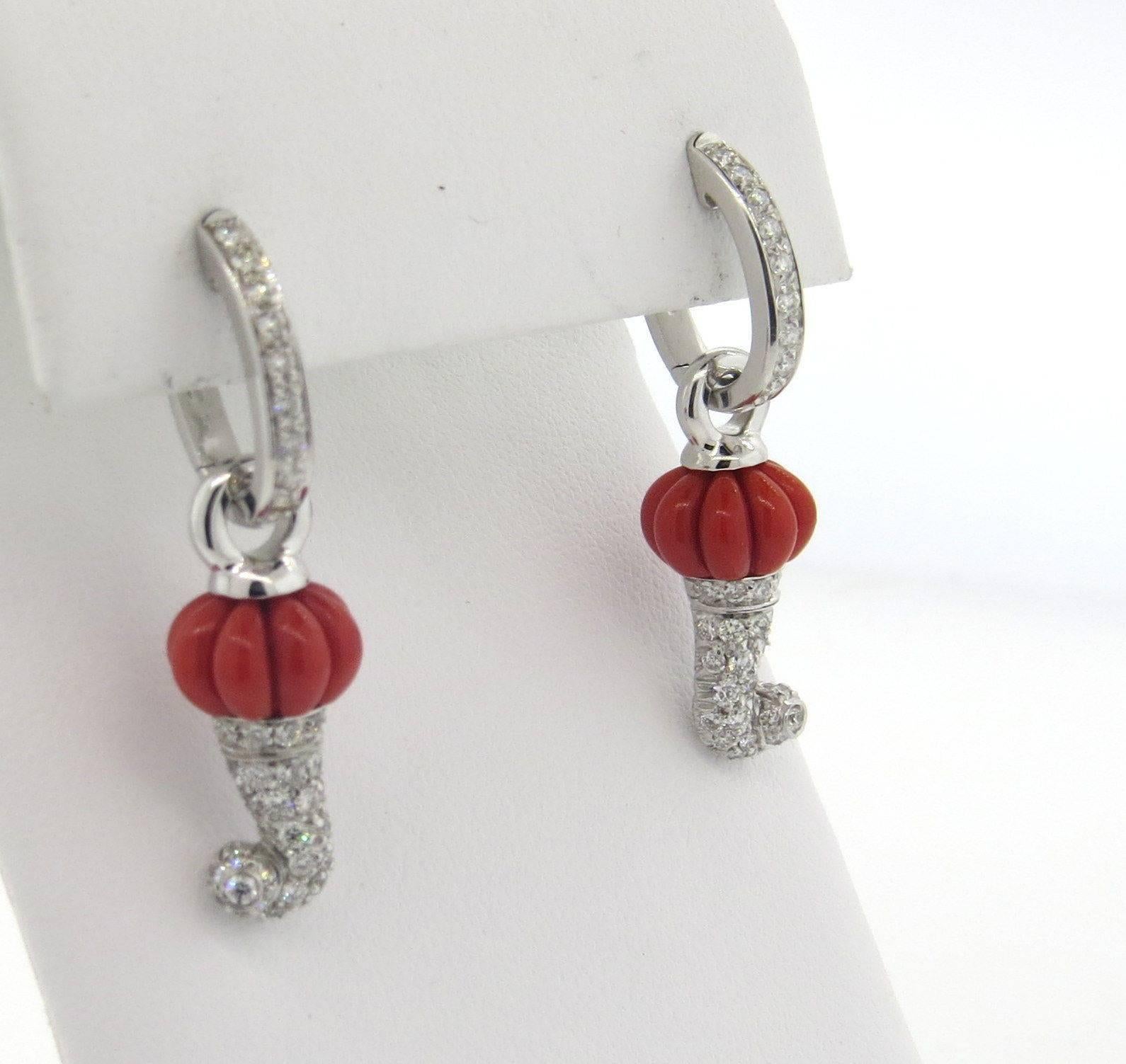 Chantecler Carved Coral Diamond Gold Drop Earrings In Excellent Condition In Lambertville, NJ