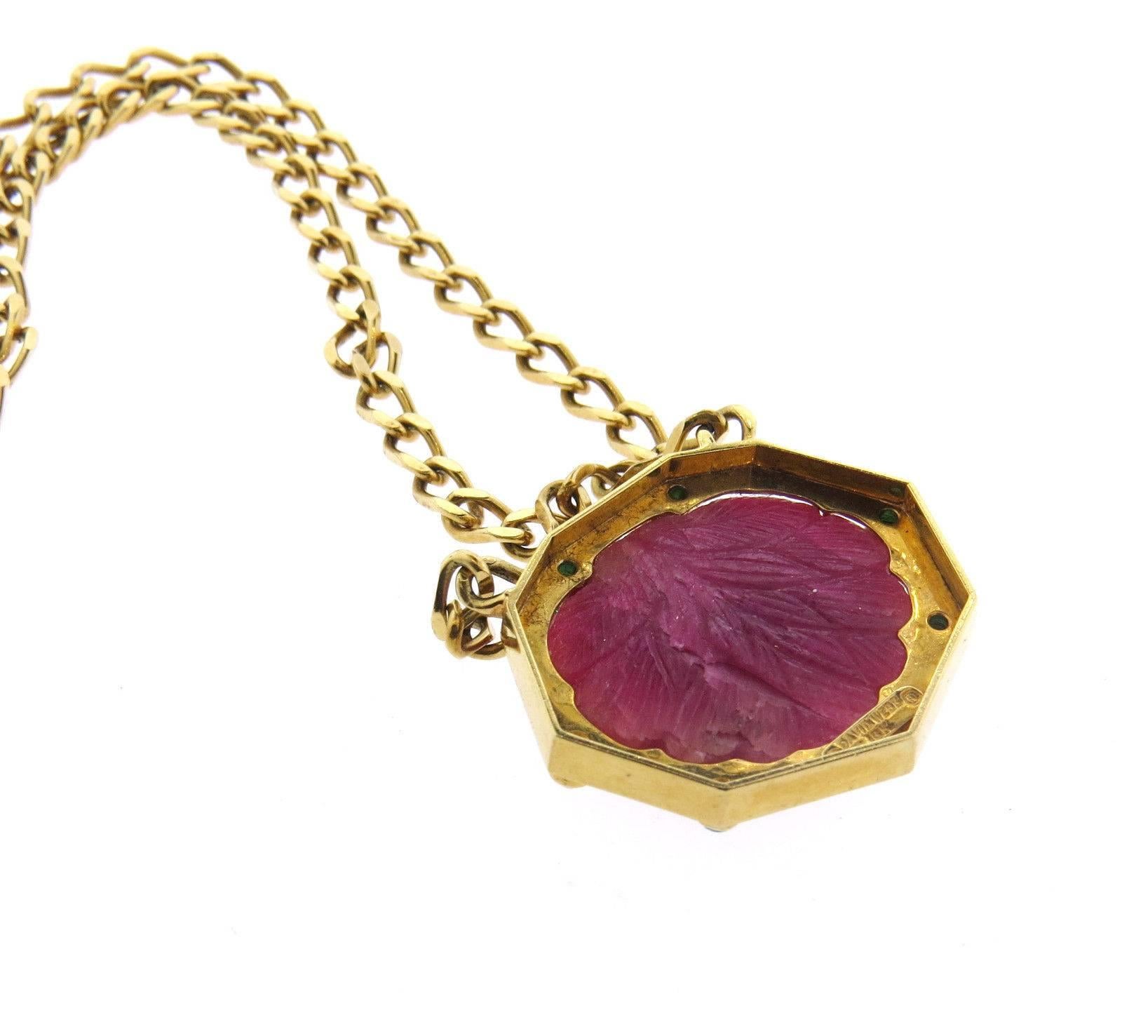 David Webb Carved Ruby Emerald Gold Pendant Necklace 1