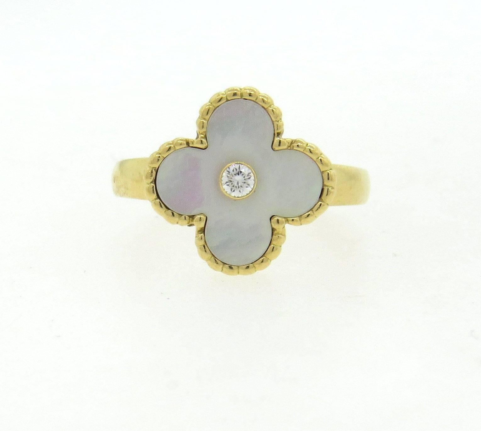 Van Cleef & Arpels Vintage Alhambra Mother of Pearl Diamond Gold Ring For Sale