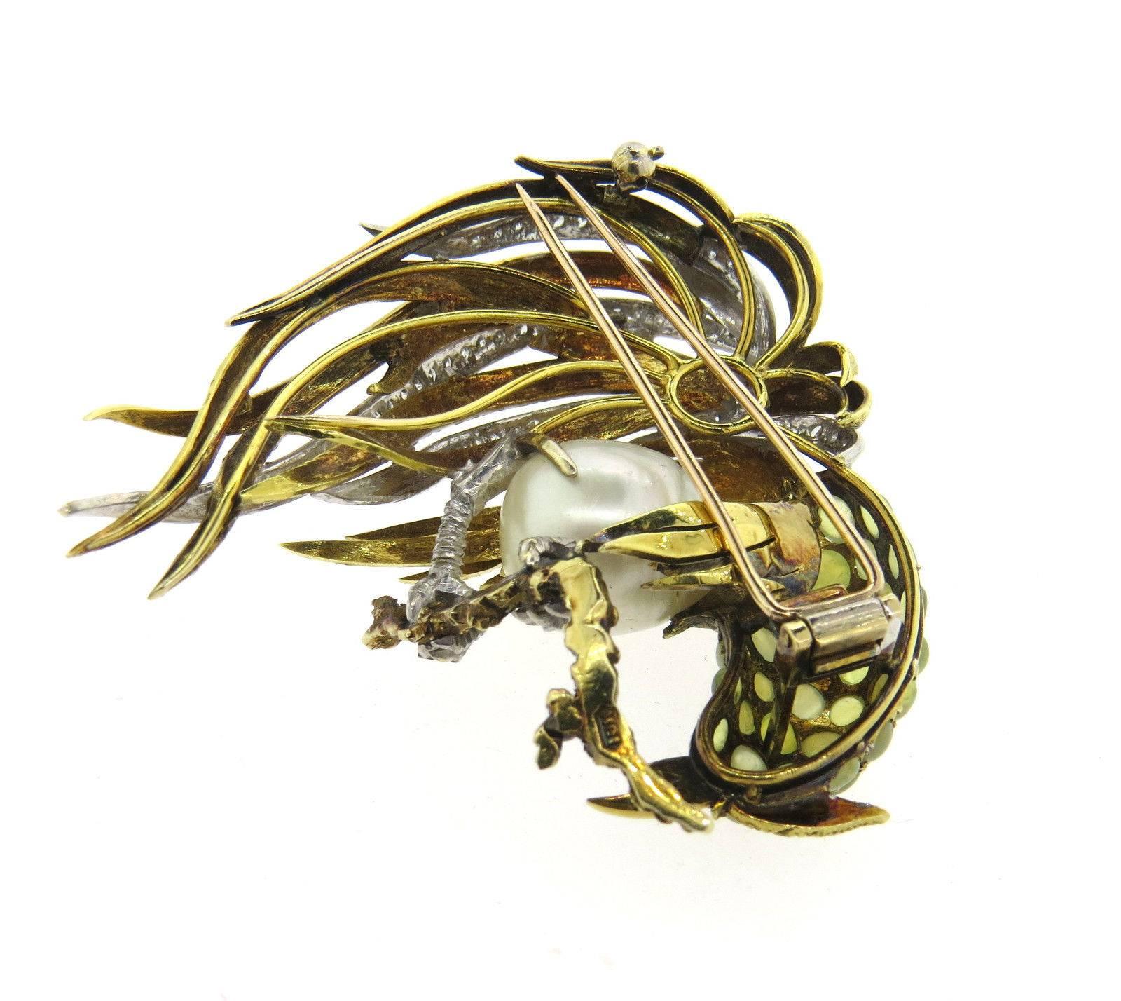 Women's Exquisite Large Pearl Diamond Gold Cat's Eye Rooster Brooch Pin