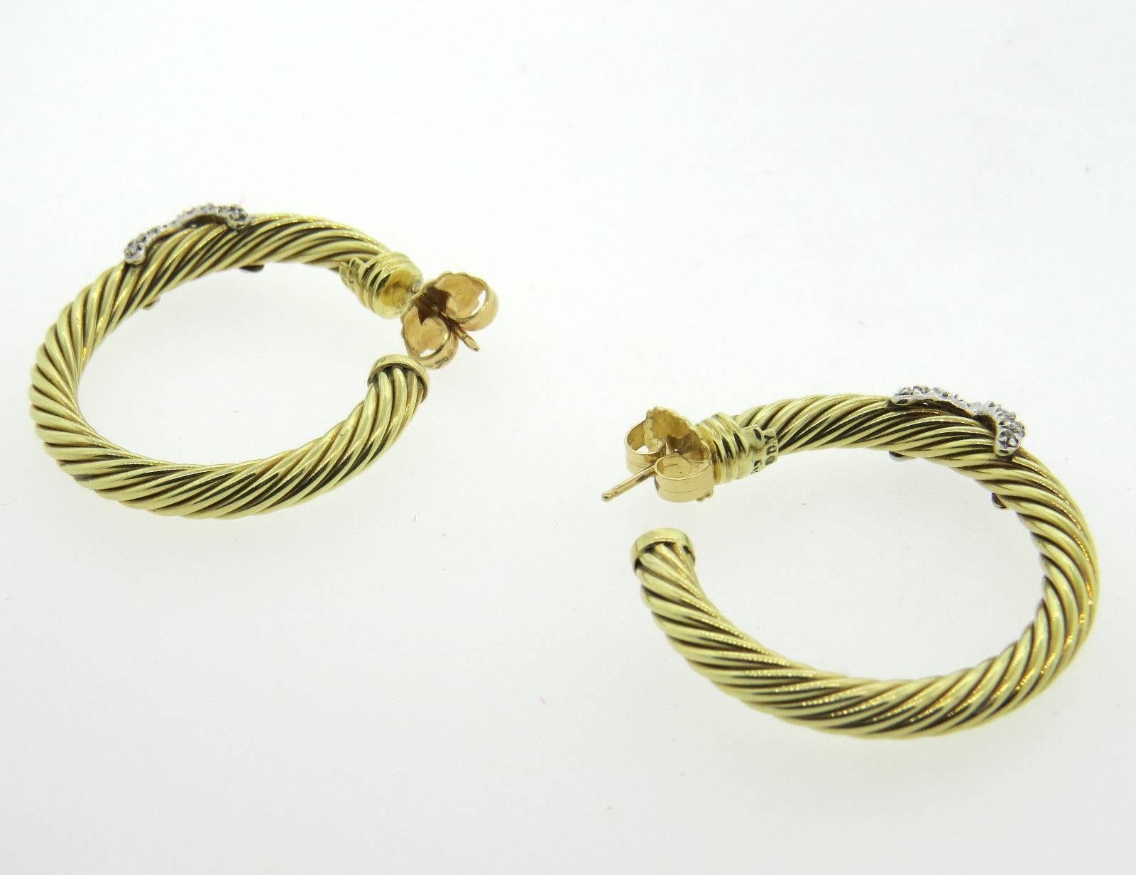 David Yurman Large Diamond Gold Cable Hoop Earrings In Excellent Condition In Lambertville, NJ