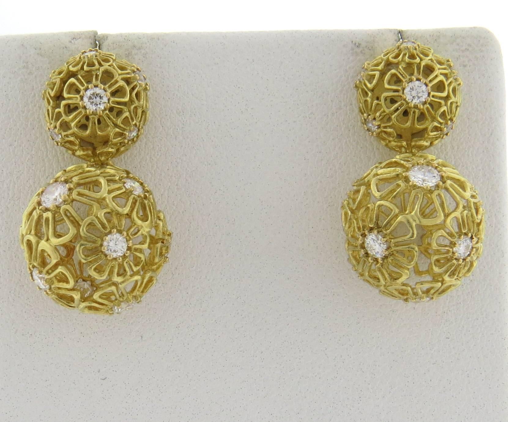 Paul Morelli Diamond Gold Flower Ball Earrings 1
