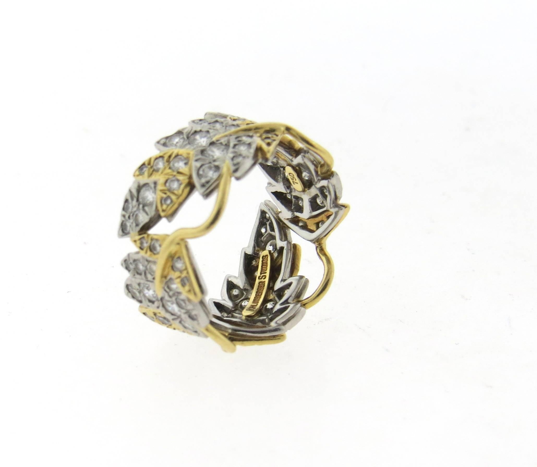 Tiffany & Co. Schlumberger Diamond Gold Platinum Four Leaves Ring  In Excellent Condition In Lambertville, NJ