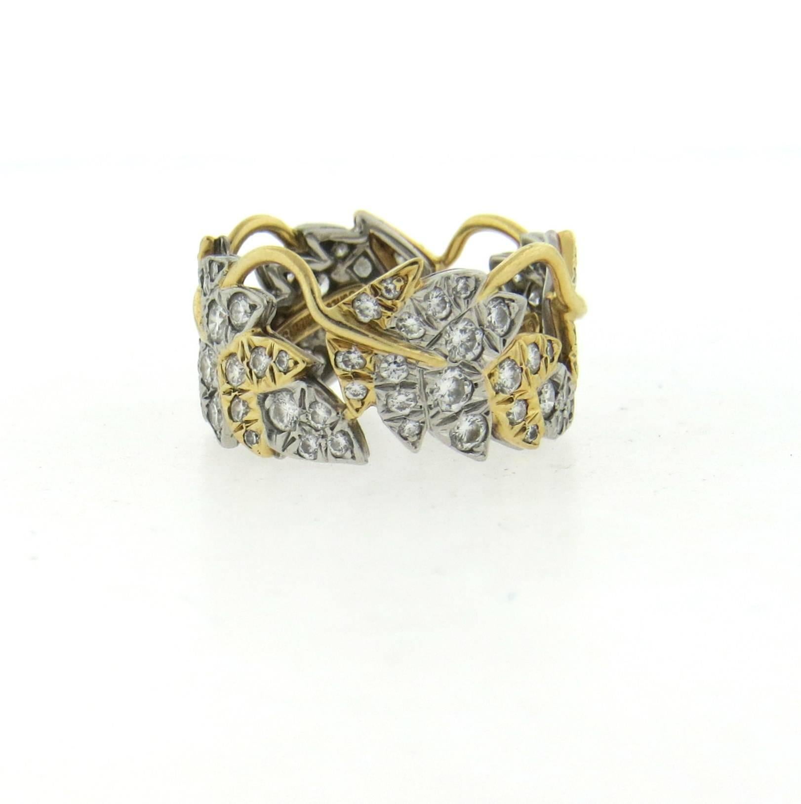 Women's or Men's Tiffany & Co. Schlumberger Diamond Gold Platinum Four Leaves Ring 
