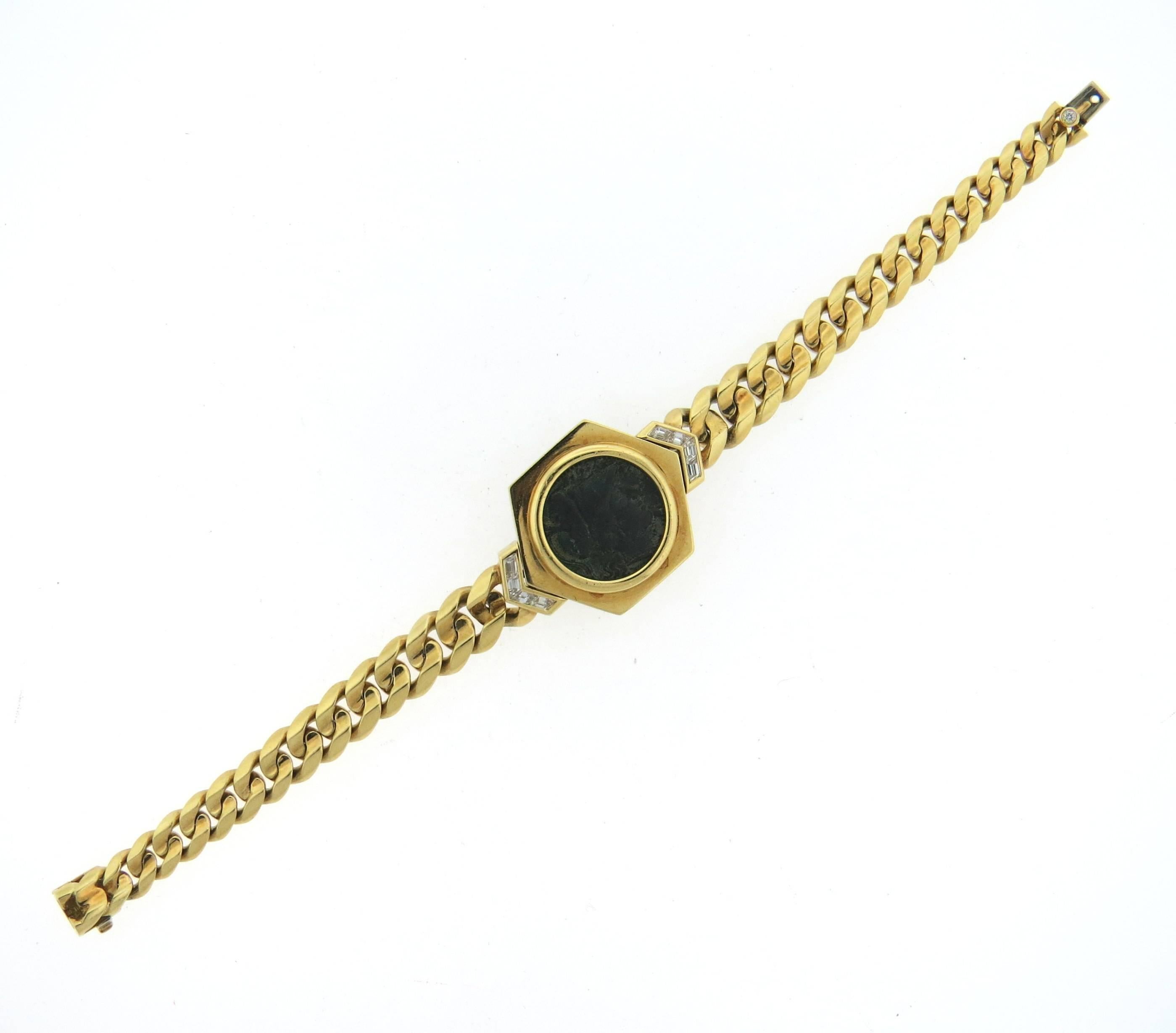 An 18k yellow gold bracelet, crafted by Bulgari, decorated with ancient coin and approx. 0.35ctw in diamonds. Bracelet is 7 3/8