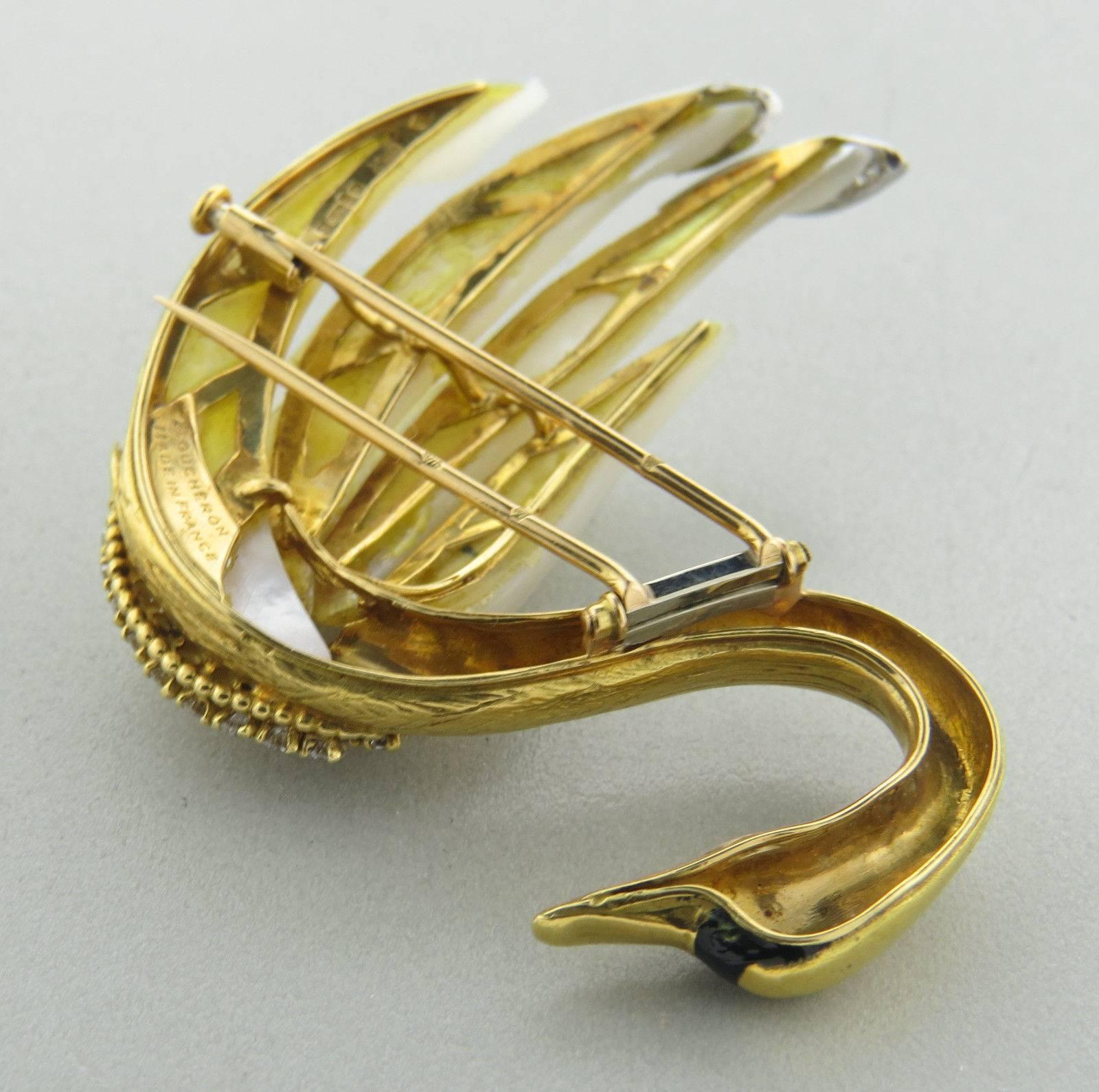 Women's Boucheron Exquisite Pearl Sapphire Diamond Gold Swan Brooch Pin