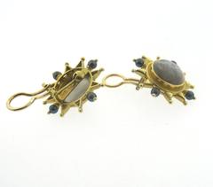 Elizabeth Locke Carved Grey Moonstone Pearl Gold Moon Face Earrings