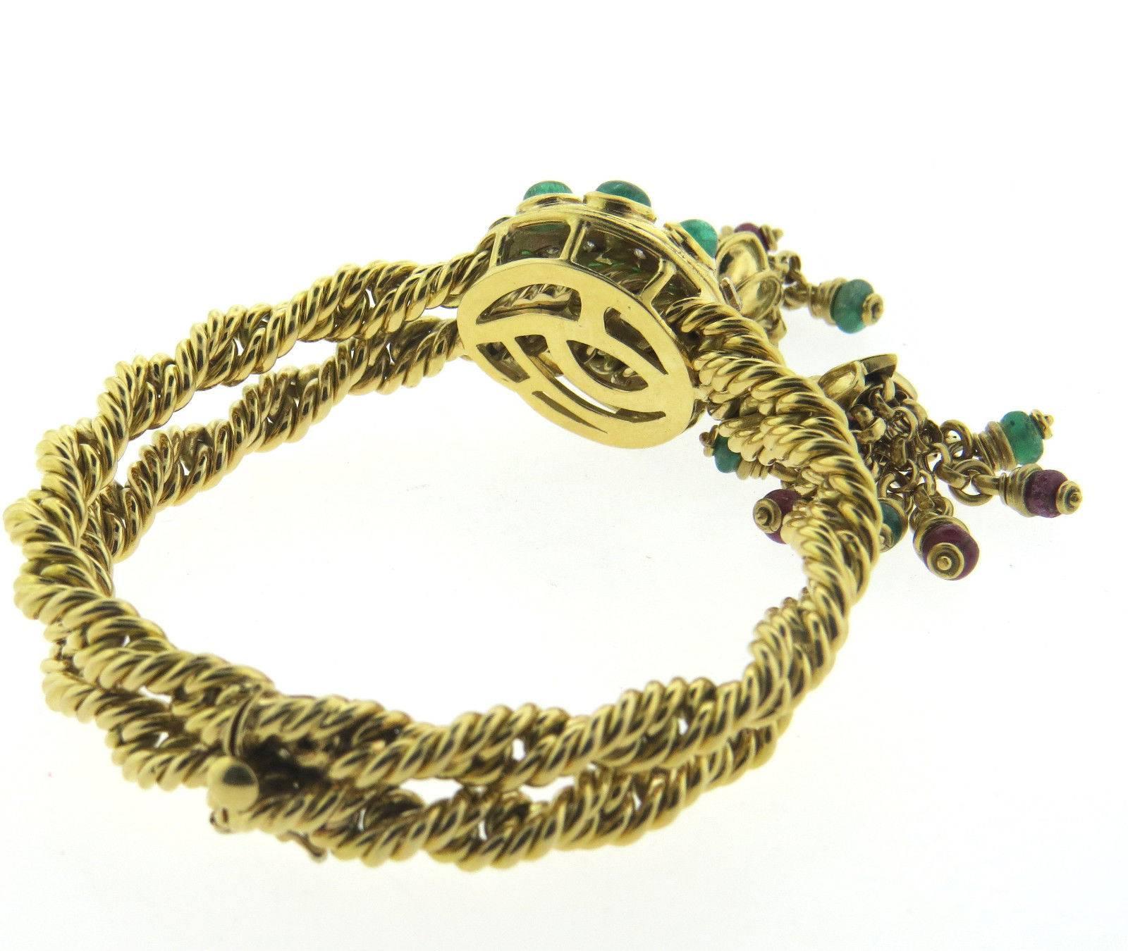 1960s Ruby Emerald Diamond Gold Tassel Bracelet In Excellent Condition In Lambertville, NJ