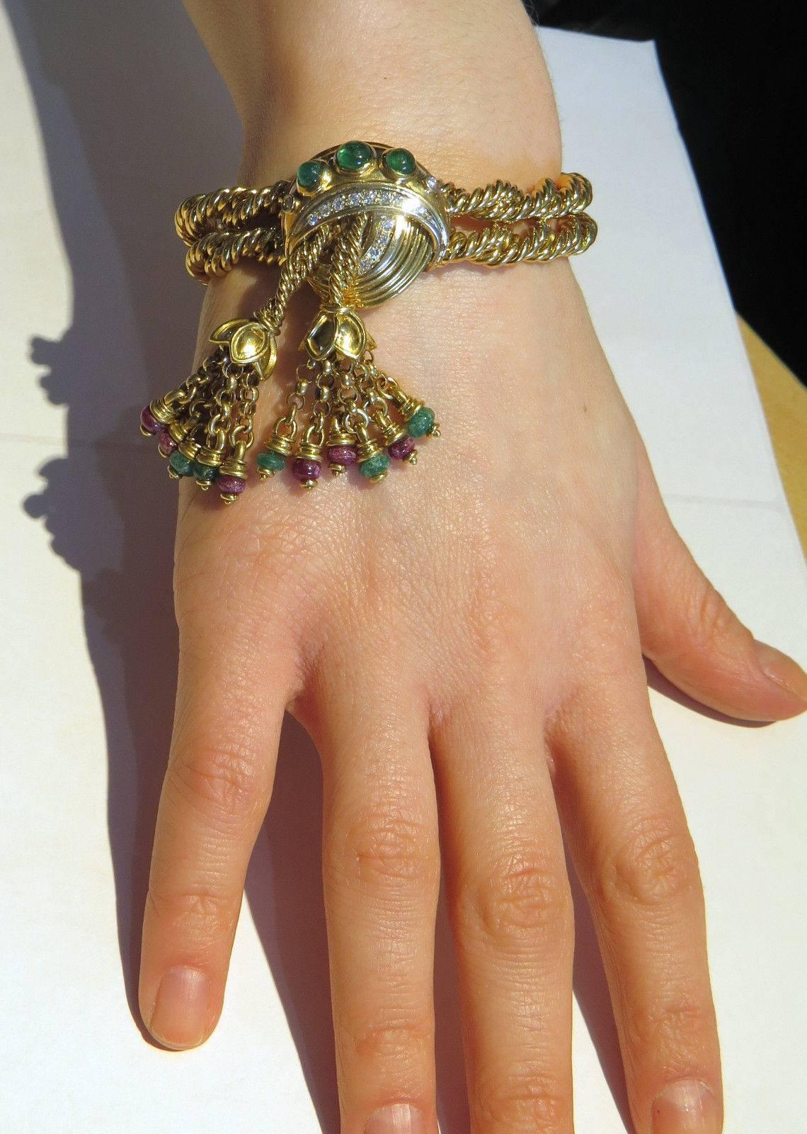 Women's or Men's 1960s Ruby Emerald Diamond Gold Tassel Bracelet