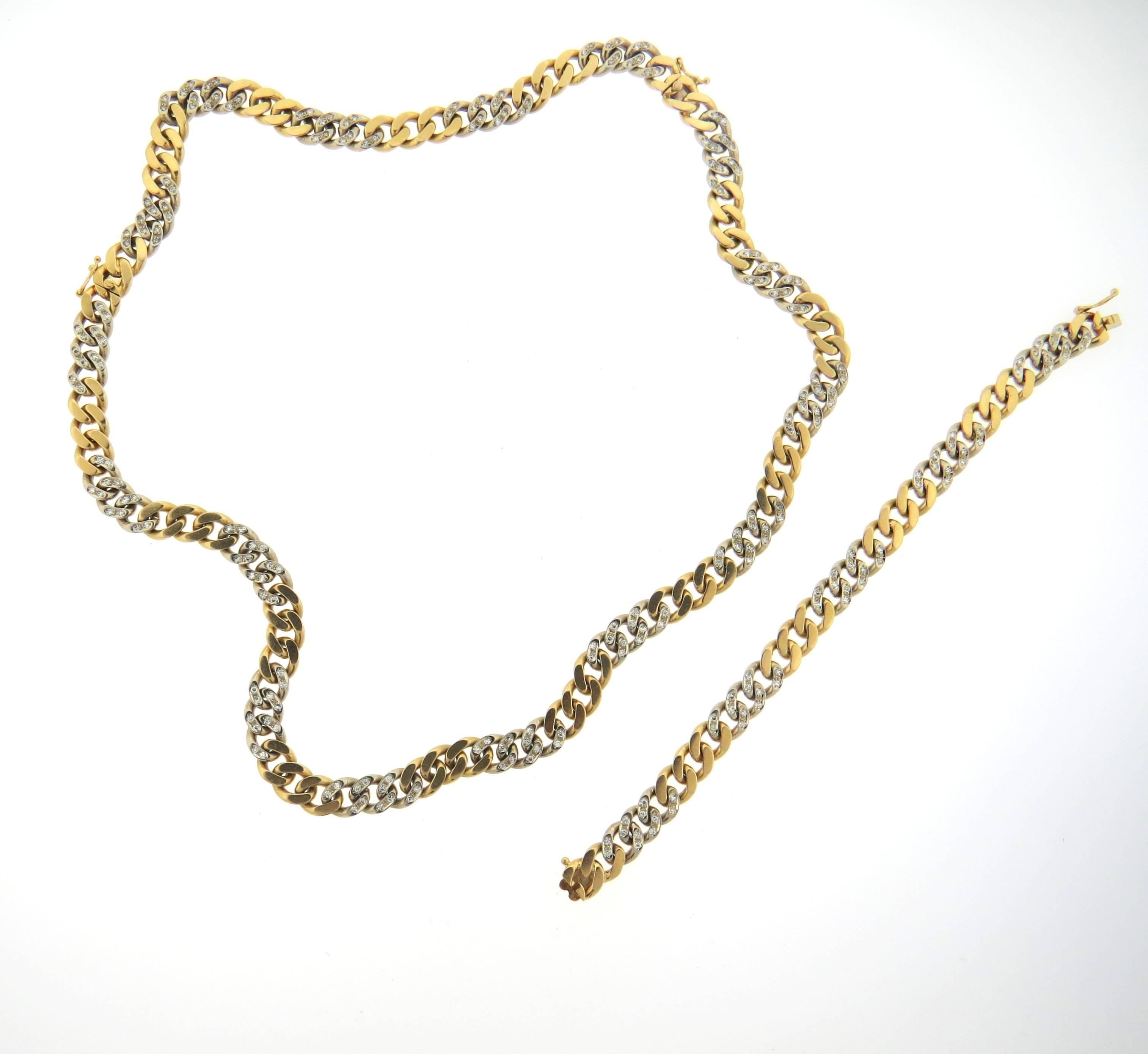 Diamond Gold Curb Link Convertible Necklace Bracelet Suite In Excellent Condition In Lambertville, NJ