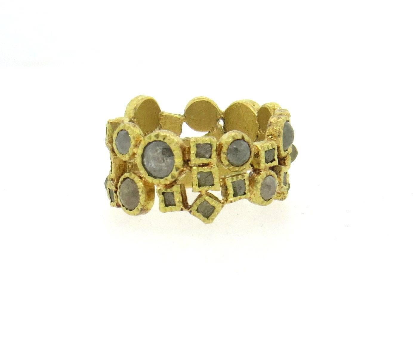 18k yellow gold wide band ring, crafted by Todd reed, set with 6.17ctw in rough diamonds. Ring size 6, ring is 11mm wide. Weight of the piece - 8.4 grams
Retail $7800