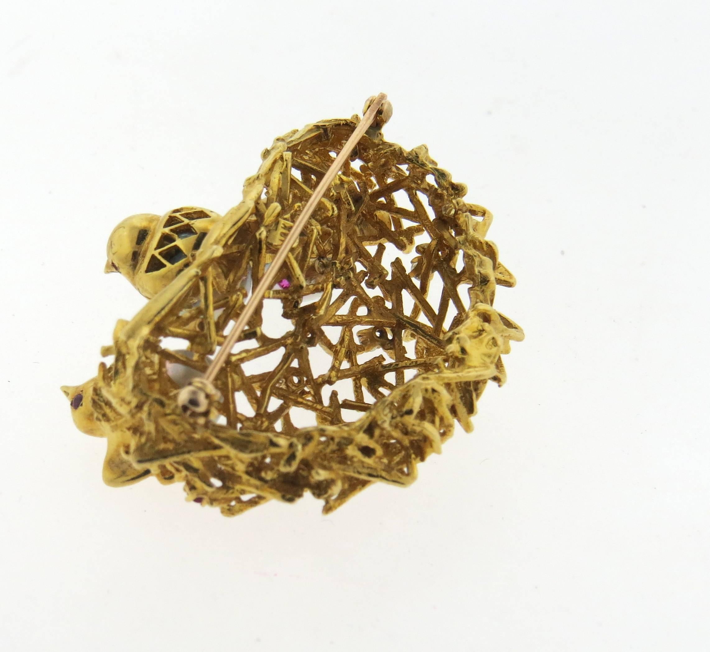 Women's Adorable Pearl Ruby Diamond Gold Bird Nest Brooch Pin 