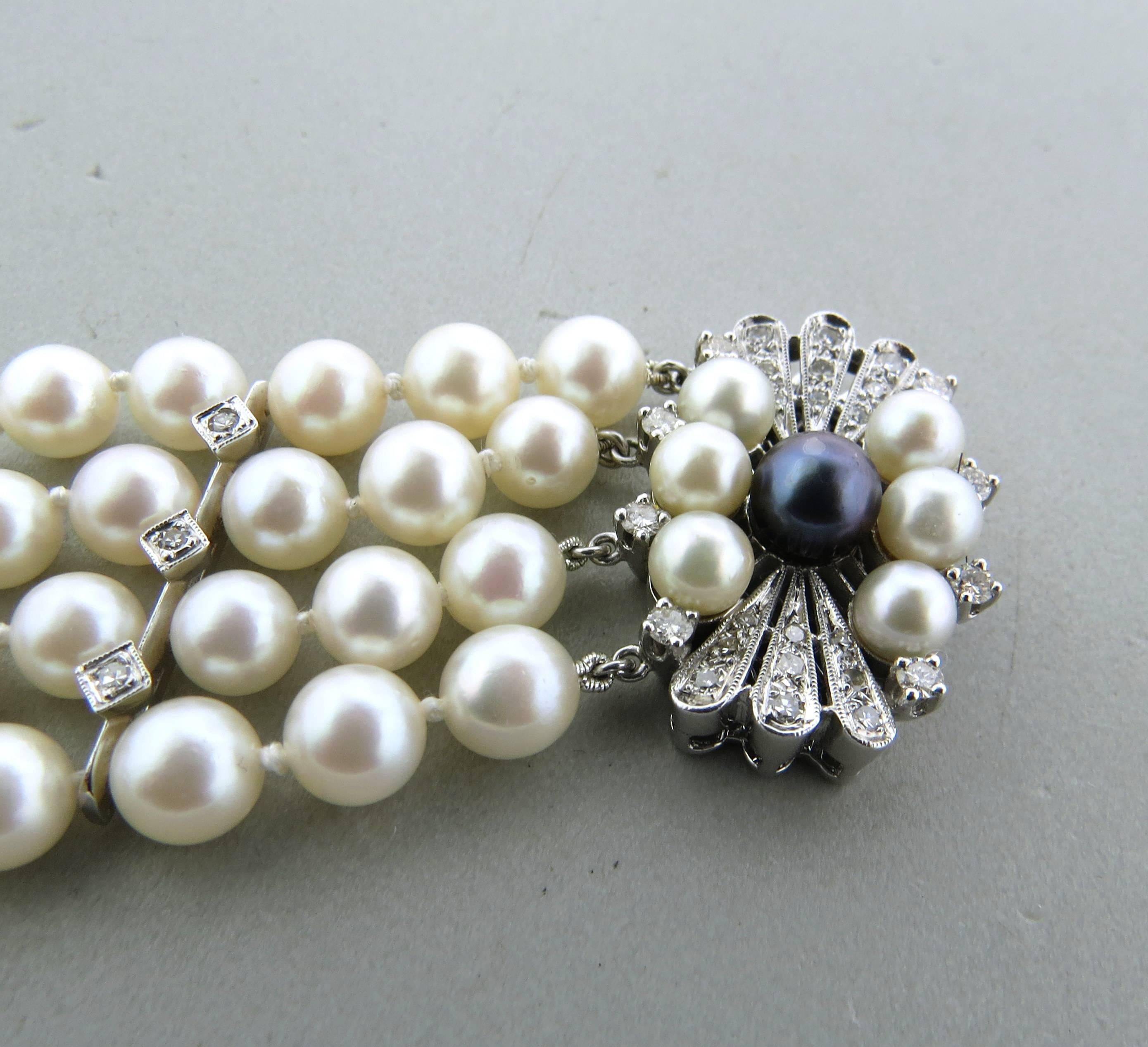 Women's Mid Century Pearl Diamond Gold Four Strand Bracelet 