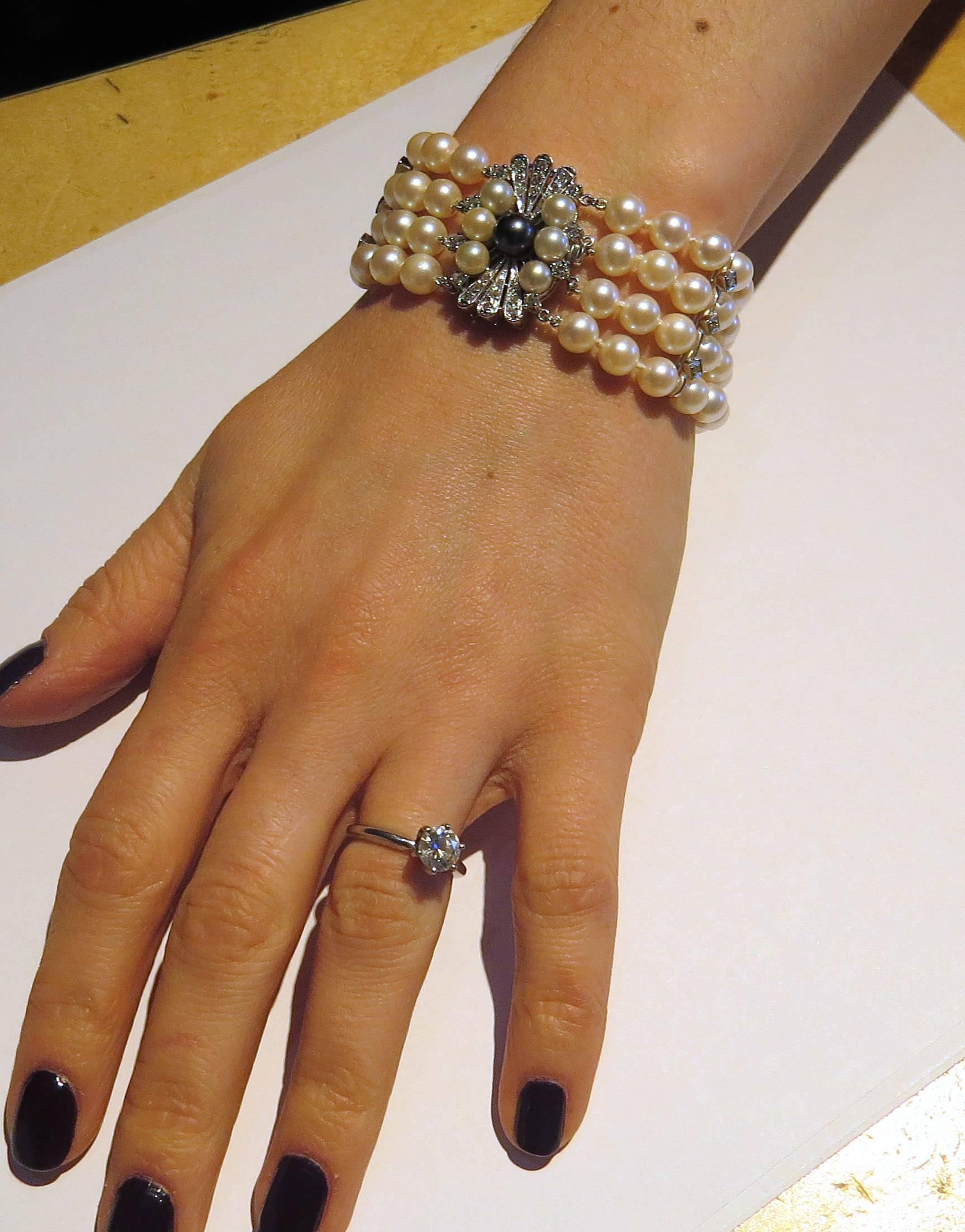 Mid Century Pearl Diamond Gold Four Strand Bracelet  1