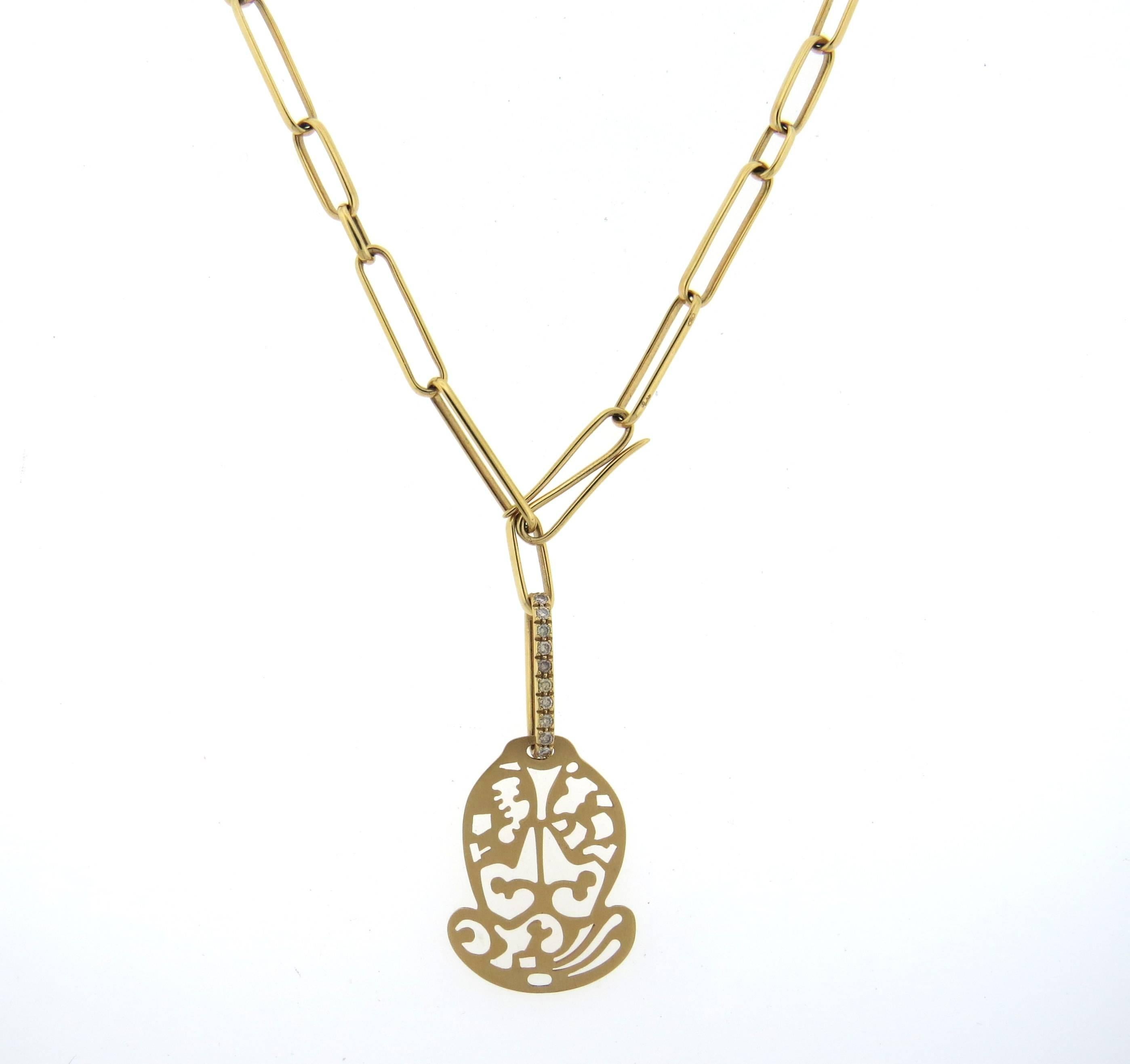 New impressive 18k rose gold long necklace, crafted by Pomellato for Ming collection, decorated with approx. 0.57ctw in fancy diamonds. Necklace can be worn at different lengths, full length is 36 1/2