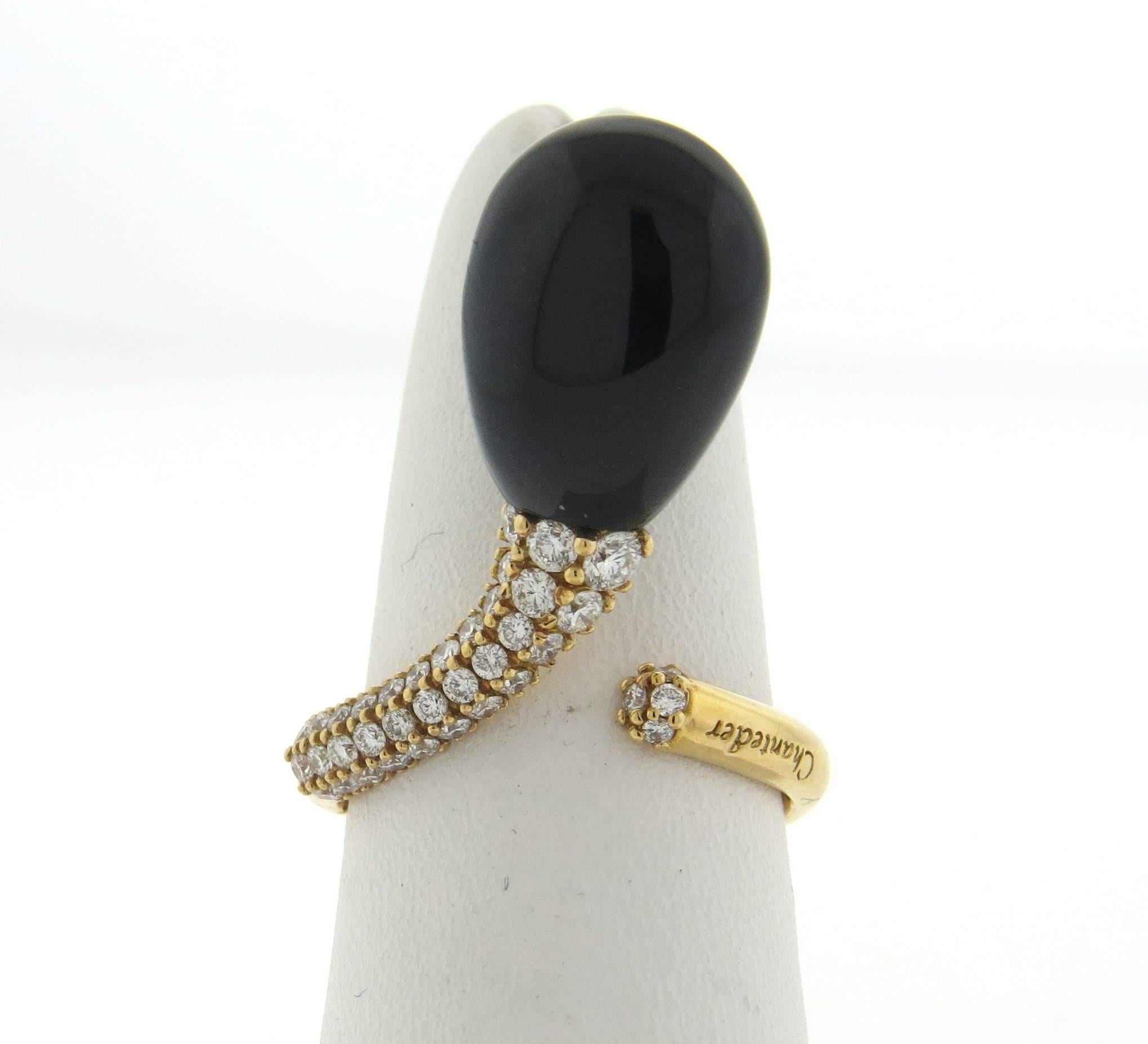 An 18k rose gold ring, crafted by Chantecler, decorated with 11mm x 15mm black onyx and approximately 0.45ctw in diamonds. Ring size is slightly flexible - approx. 6 1/2. Marked: Chantecler, M, 750. Weight of the piece - 5.6 grams
Retail $5500