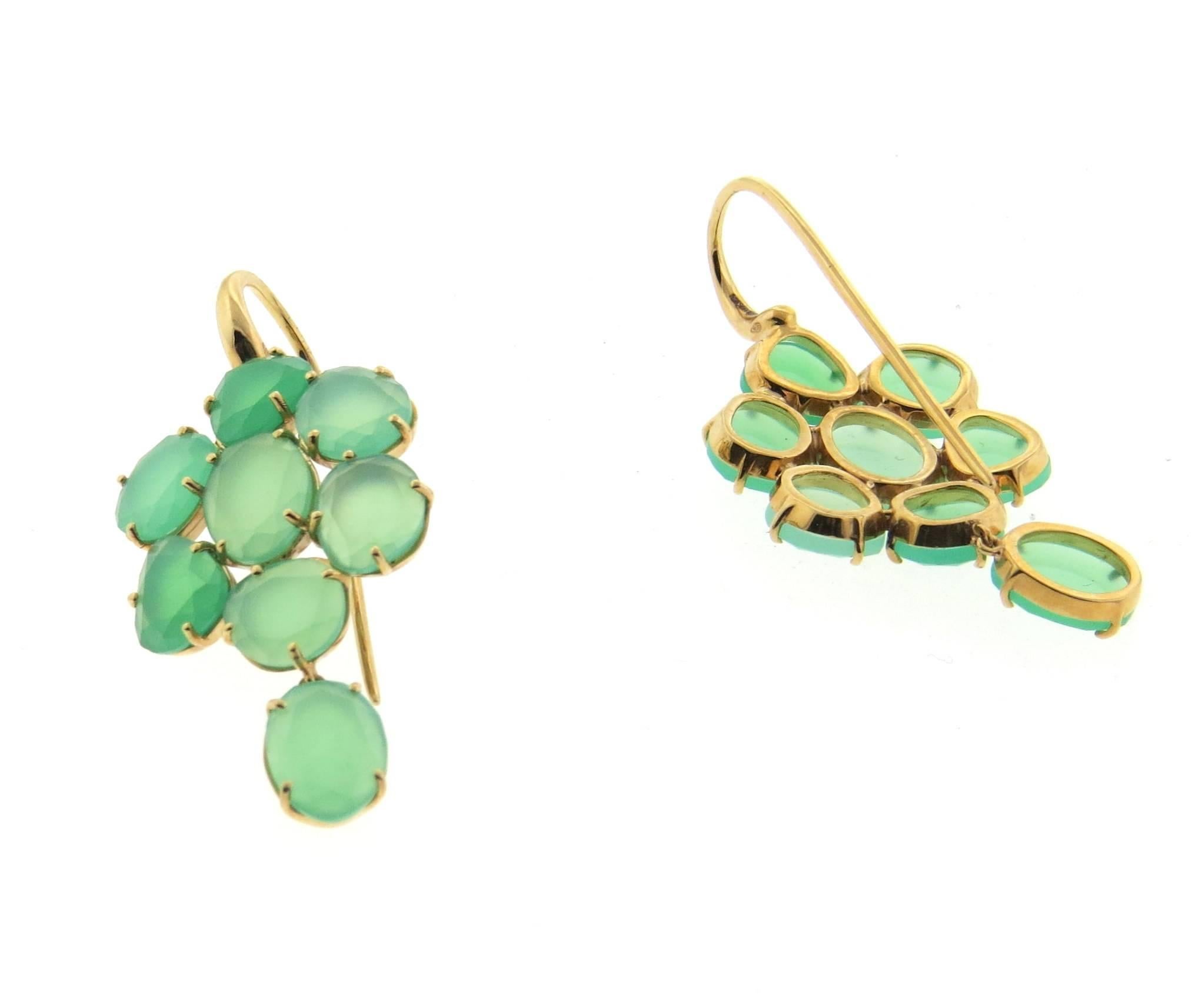 A pair of new 18k rose gold long drop earrings, crafted by Pomellato for Capri collection, set with chrysoprase gemstones.  Earrings are 47mm x 21mm. Weight - 14.3 grams
Retail $9000