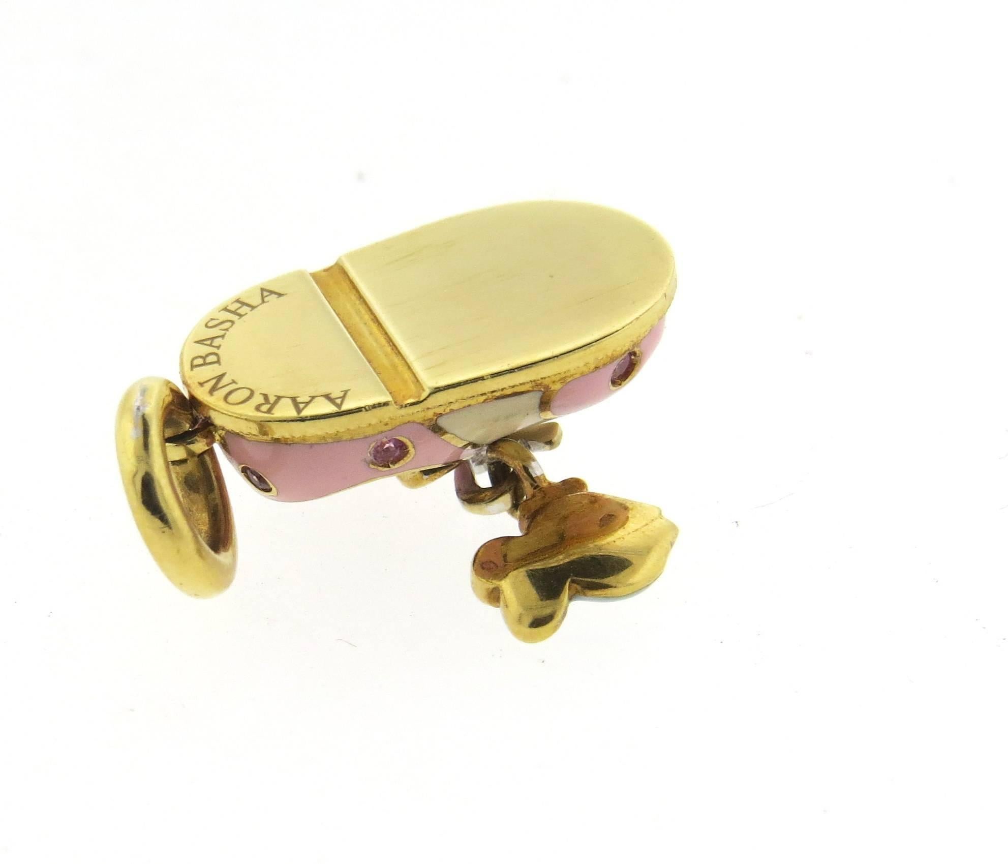 Aaron Basha Enamel Pink Sapphire Diamond Gold Fish Charm Shoe Pendant In Excellent Condition In Lambertville, NJ