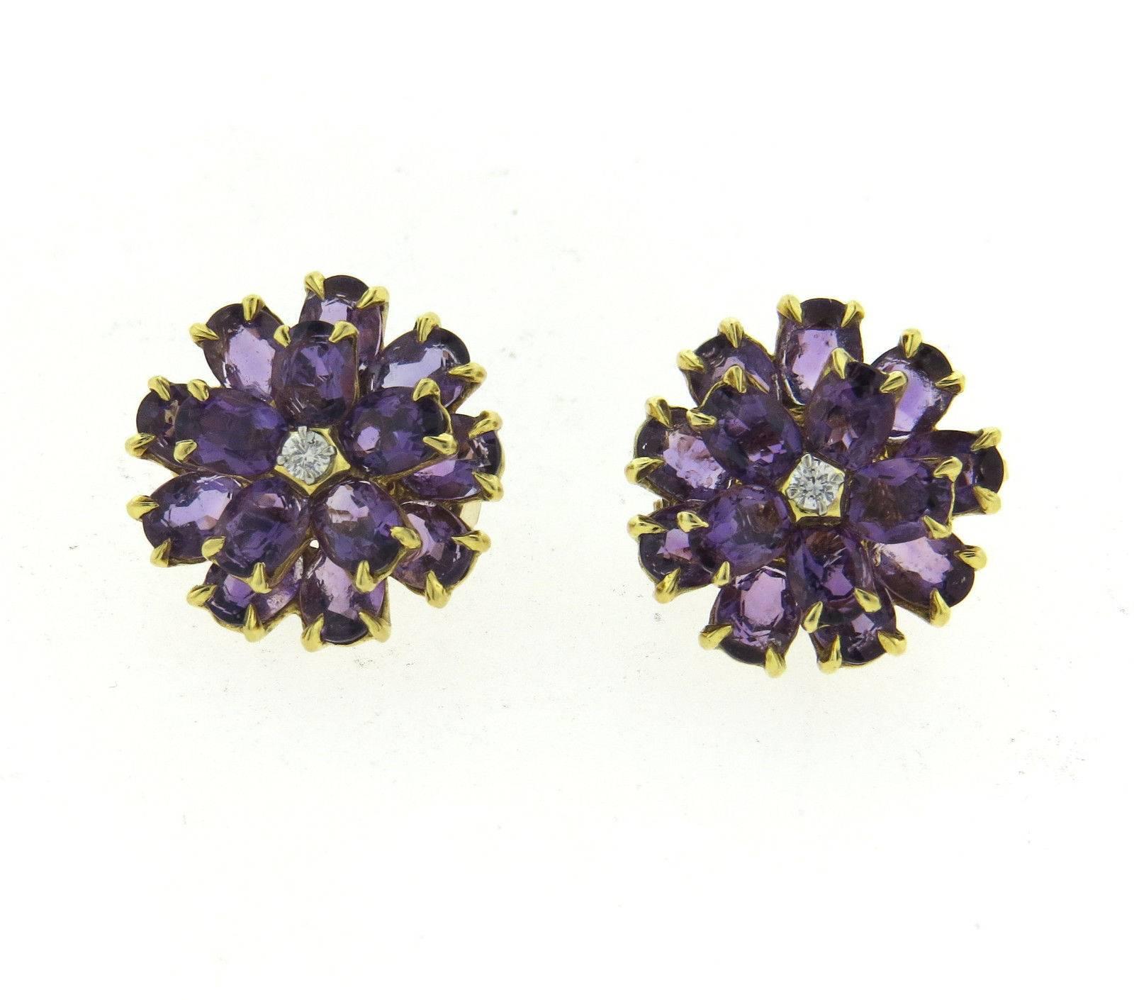 Women's 1940s Amethyst Diamond Gold Flower Earrings