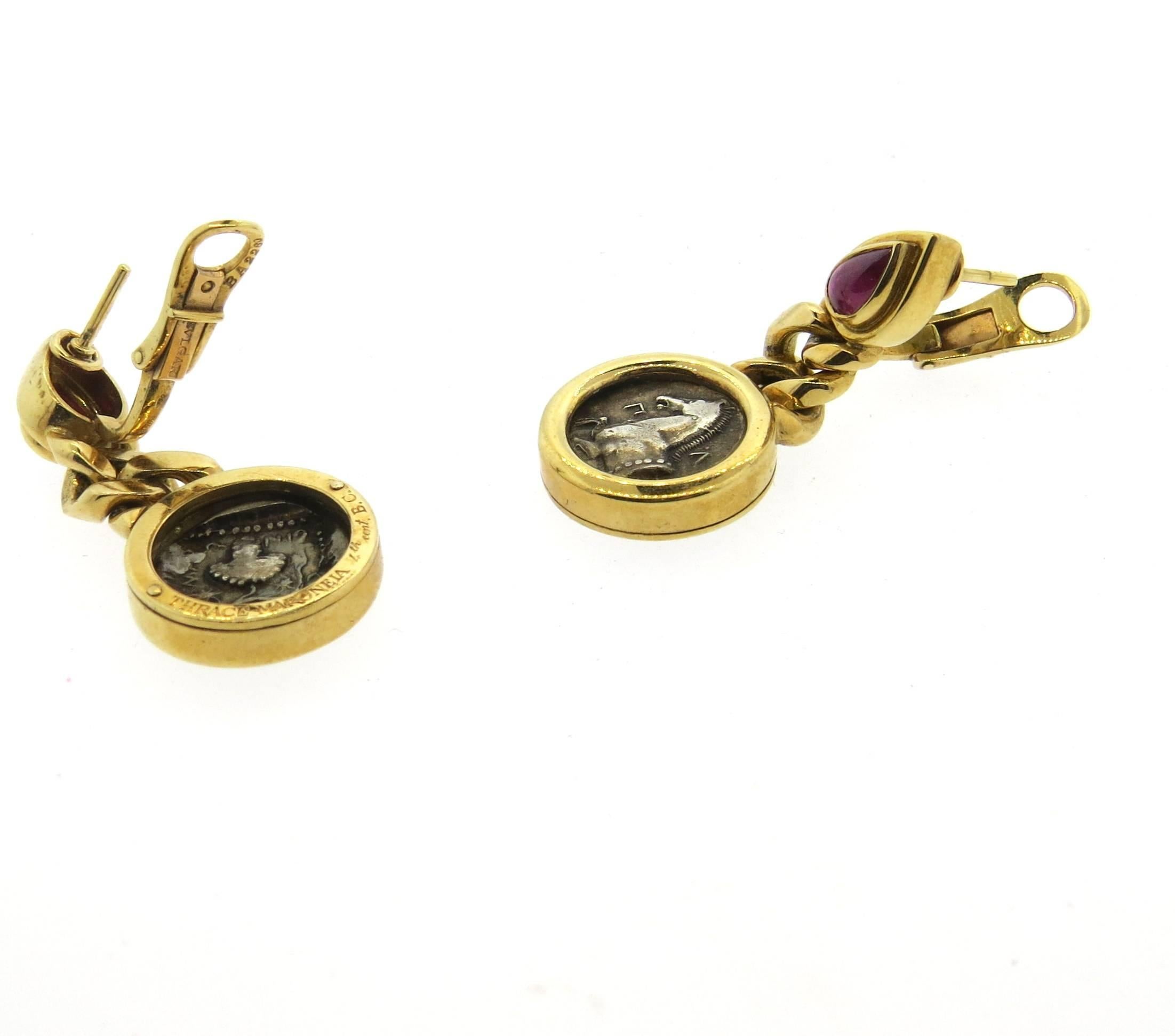 Women's Bulgari Ancient Coin Ruby Gold Drop Earrings