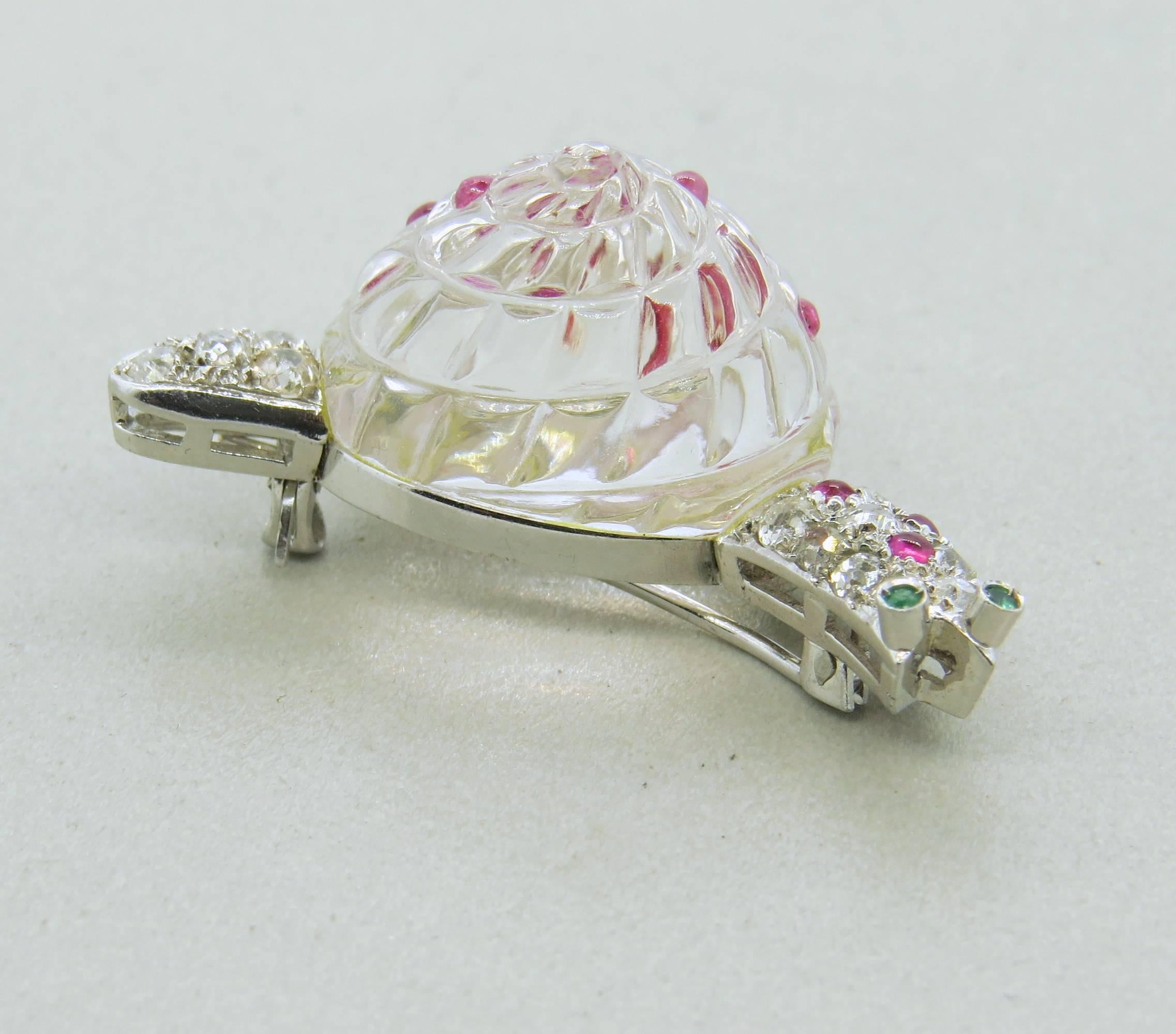 Adorable Antique Crystal Ruby Emerald Diamond Platinum Snail Brooch Pin In Excellent Condition For Sale In Lambertville, NJ