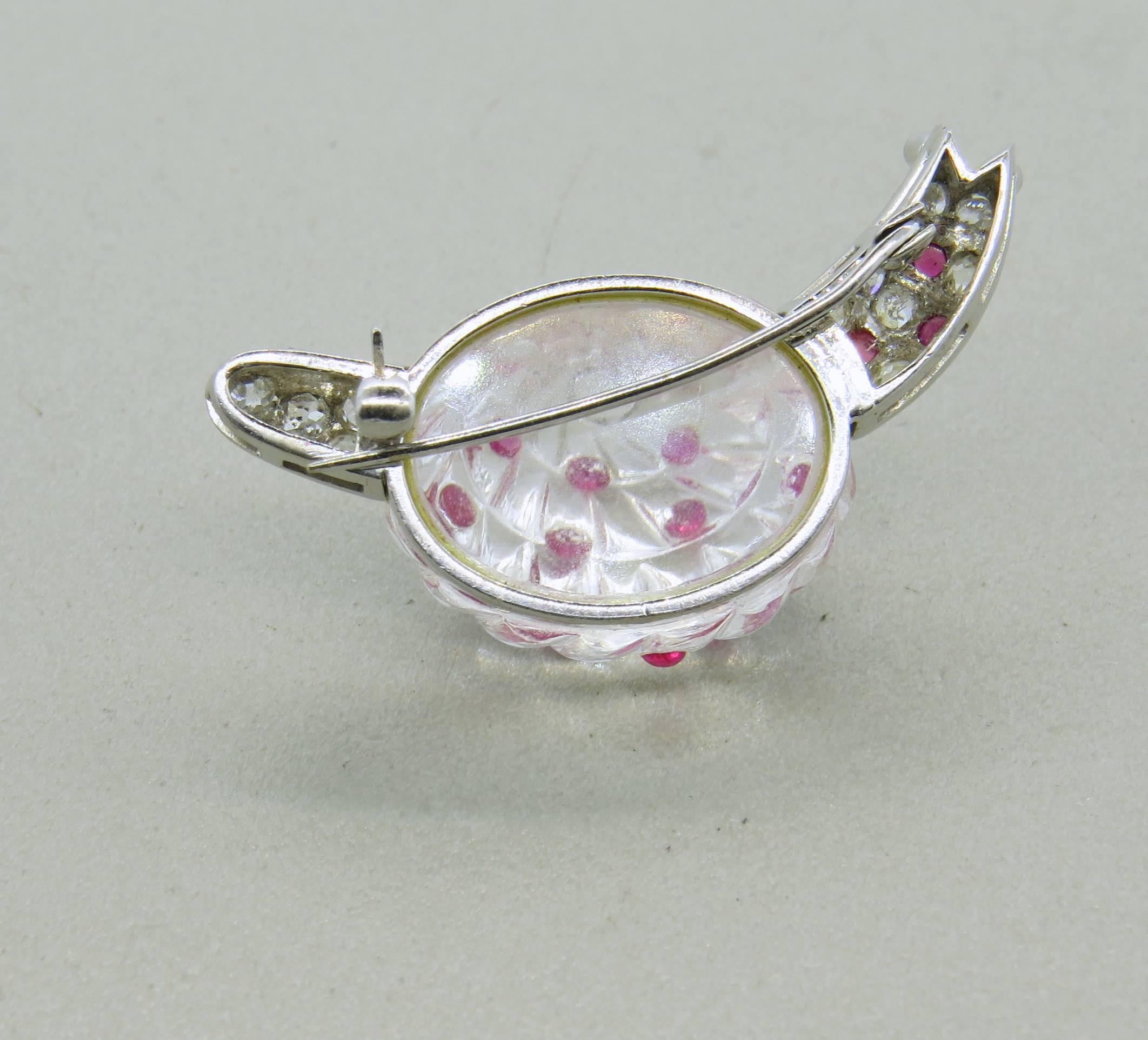 Adorable Antique Crystal Ruby Emerald Diamond Platinum Snail Brooch Pin For Sale 1